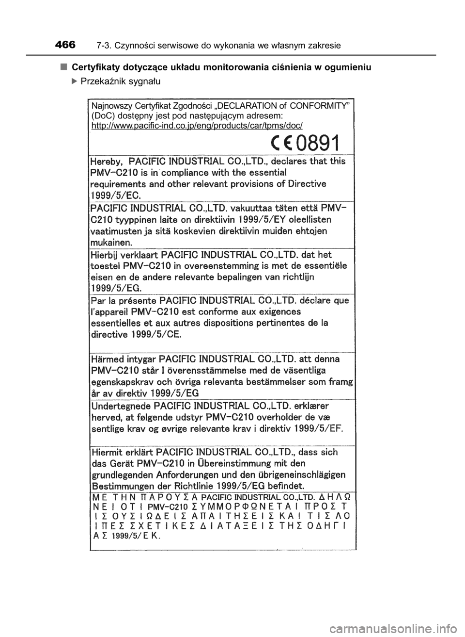 TOYOTA COROLLA 2016  Instrukcja obsługi (in Polish) Certyfikaty dotyczàce uk∏adu monitorowania ciÊnienia w ogumieniu
óPrzekaênik sygna∏u
4667-3. CzynnoÊci serwisowe do wykonania we w∏asnym zakresie
Najnowszy Cer tyfikat ZgodnoÊci „DECLARA