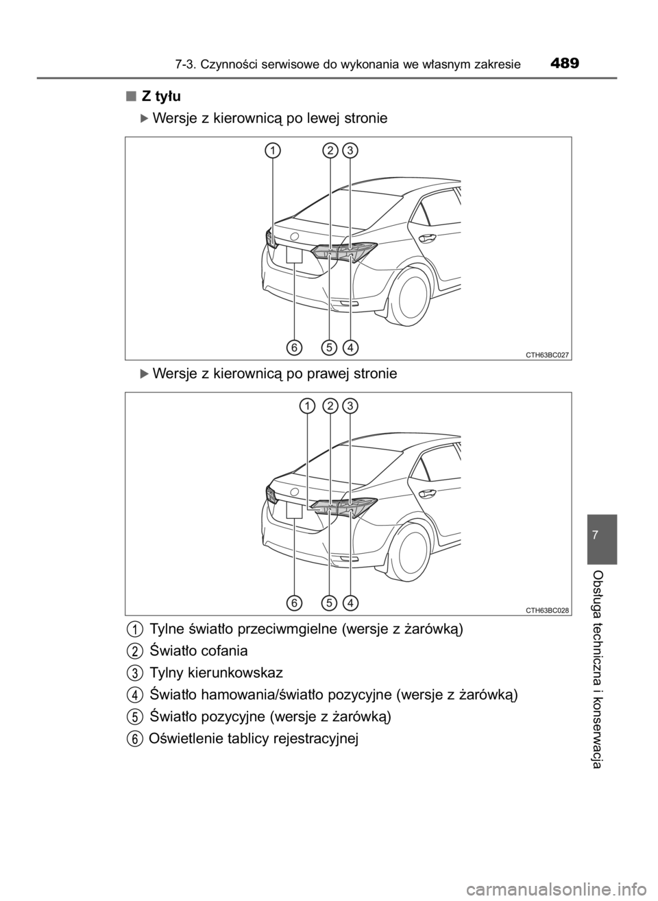 TOYOTA COROLLA 2016  Instrukcja obsługi (in Polish) Z ty∏u 
ó Wersje z kierownicà po lewej stronie
ó Wersje z kierownicà po prawej stronie
Tylne Êwiat∏o przeciwmgielne (wersje z ˝arówkà)
Âwiat∏o cofania
Tylny kierunkowskaz
Âwiat∏o ham