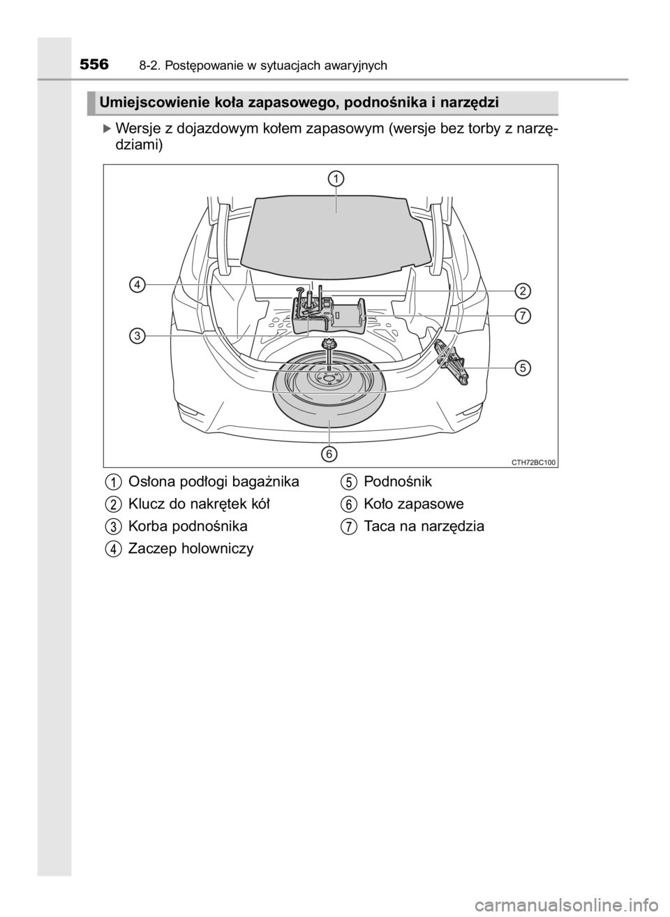 TOYOTA COROLLA 2016  Instrukcja obsługi (in Polish) ó Wersje z dojazdowym ko∏em zapasowym (wersje bez torby z narz´-
dziami)
5568-2. Post´powanie w sytuacjach awaryjnych
Umiejscowienie ko∏a zapasowego, podnoÊnika i narz´dzi
Os∏ona pod∏ogi 