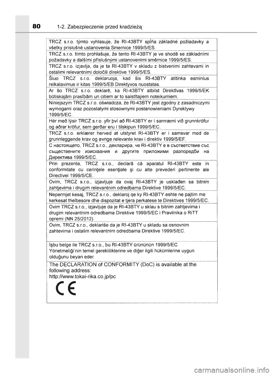 TOYOTA COROLLA 2016  Instrukcja obsługi (in Polish) 801-2. Zabezpieczenie przed kradzie˝à
27 Corolla OM12J90E  28/7/16  13:07  Page 80    (Black plate) 
