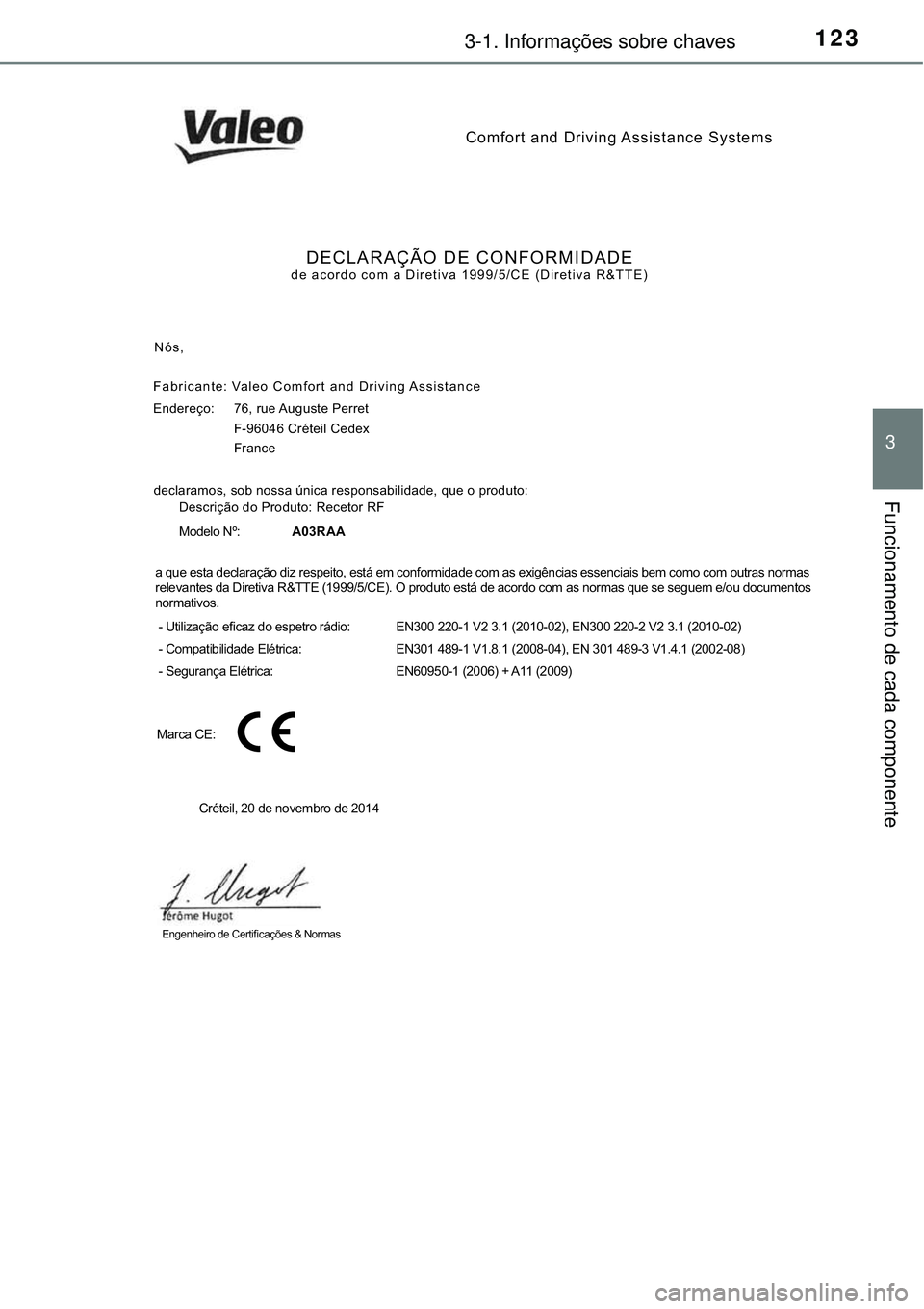 TOYOTA COROLLA 2016  Manual de utilização (in Portuguese) 1233-1. Informações sobre chaves
3
Funcionamento de cada componente
Comfort and Driving Assistance Systems
DECLARAÇÃO DE CONFORMIDADEde acordo com a Diretiva 1999/5/CE (Diretiva R&TTE)
Nós,
Fabri