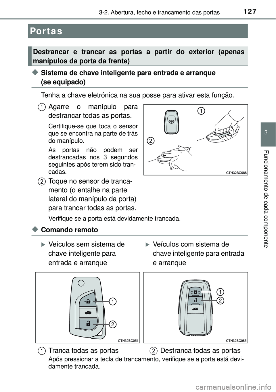 TOYOTA COROLLA 2016 Manual de utilização (in Portuguese) 127
3
Funcionamento de cada componente
3-2. Abertura, fecho e trancamento das portas
uSistema de chave inteligente para entrada e arranque
(se equipado)
Tenha a chave eletrónica na sua posse para at TOYOTA COROLLA 2016 Manual de utilização (in Portuguese) 127
3
Funcionamento de cada componente
3-2. Abertura, fecho e trancamento das portas
uSistema de chave inteligente para entrada e arranque
(se equipado)
Tenha a chave eletrónica na sua posse para at