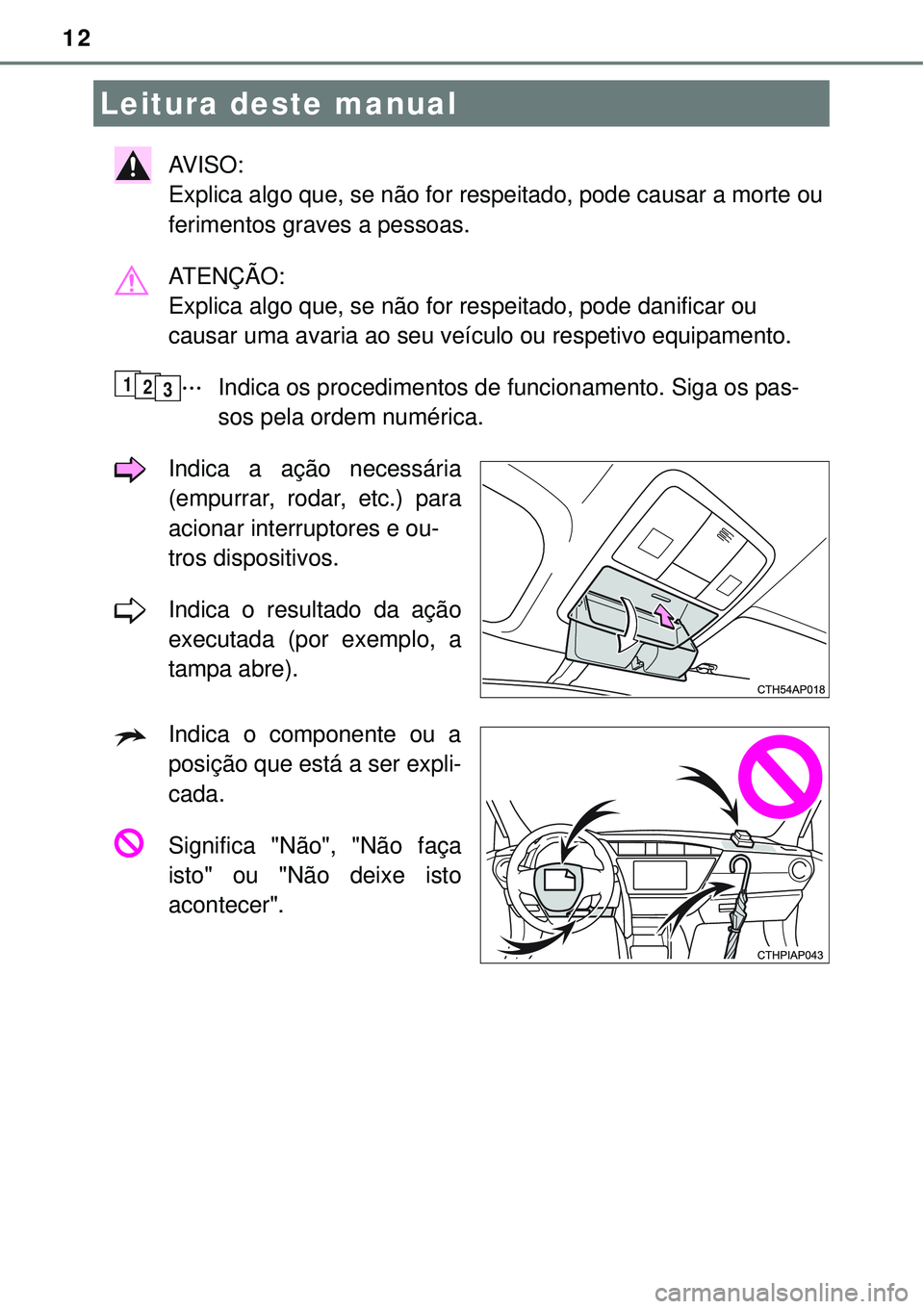 TOYOTA COROLLA 2016 Manual de utilização (in Portuguese) 12
AV I S O :
Explica algo que, se não for respeitado, pode causar a morte ou
ferimentos graves a pessoas.
ATENÇÃO:
Explica algo que, se não for respeitado, pode danificar ou
causar uma avaria ao TOYOTA COROLLA 2016 Manual de utilização (in Portuguese) 12
AV I S O :
Explica algo que, se não for respeitado, pode causar a morte ou
ferimentos graves a pessoas.
ATENÇÃO:
Explica algo que, se não for respeitado, pode danificar ou
causar uma avaria ao