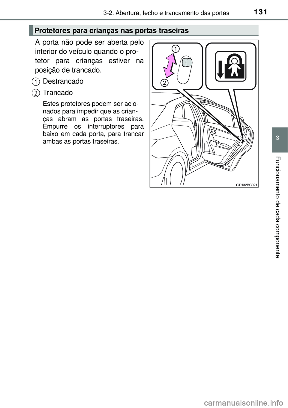 TOYOTA COROLLA 2016 Manual de utilização (in Portuguese) 1313-2. Abertura, fecho e trancamento das portas
3
Funcionamento de cada componente
A porta não pode ser aberta pelo
interior do veículo quando o pro-
tetor para crianças estiver na
posição de tr TOYOTA COROLLA 2016 Manual de utilização (in Portuguese) 1313-2. Abertura, fecho e trancamento das portas
3
Funcionamento de cada componente
A porta não pode ser aberta pelo
interior do veículo quando o pro-
tetor para crianças estiver na
posição de tr