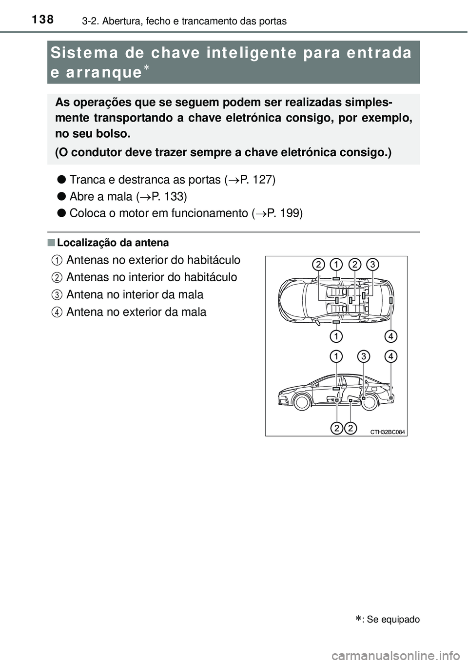 TOYOTA COROLLA 2016 Manual de utilização (in Portuguese) 1383-2. Abertura, fecho e trancamento das portas
lTranca e destranca as portas (P. 127)
lAbre a mala (P. 133)
lColoca o motor em funcionamento (P. 199)
nLocalização da antena
Sistema de cha TOYOTA COROLLA 2016 Manual de utilização (in Portuguese) 1383-2. Abertura, fecho e trancamento das portas
lTranca e destranca as portas (P. 127)
lAbre a mala (P. 133)
lColoca o motor em funcionamento (P. 199)
nLocalização da antena
Sistema de cha