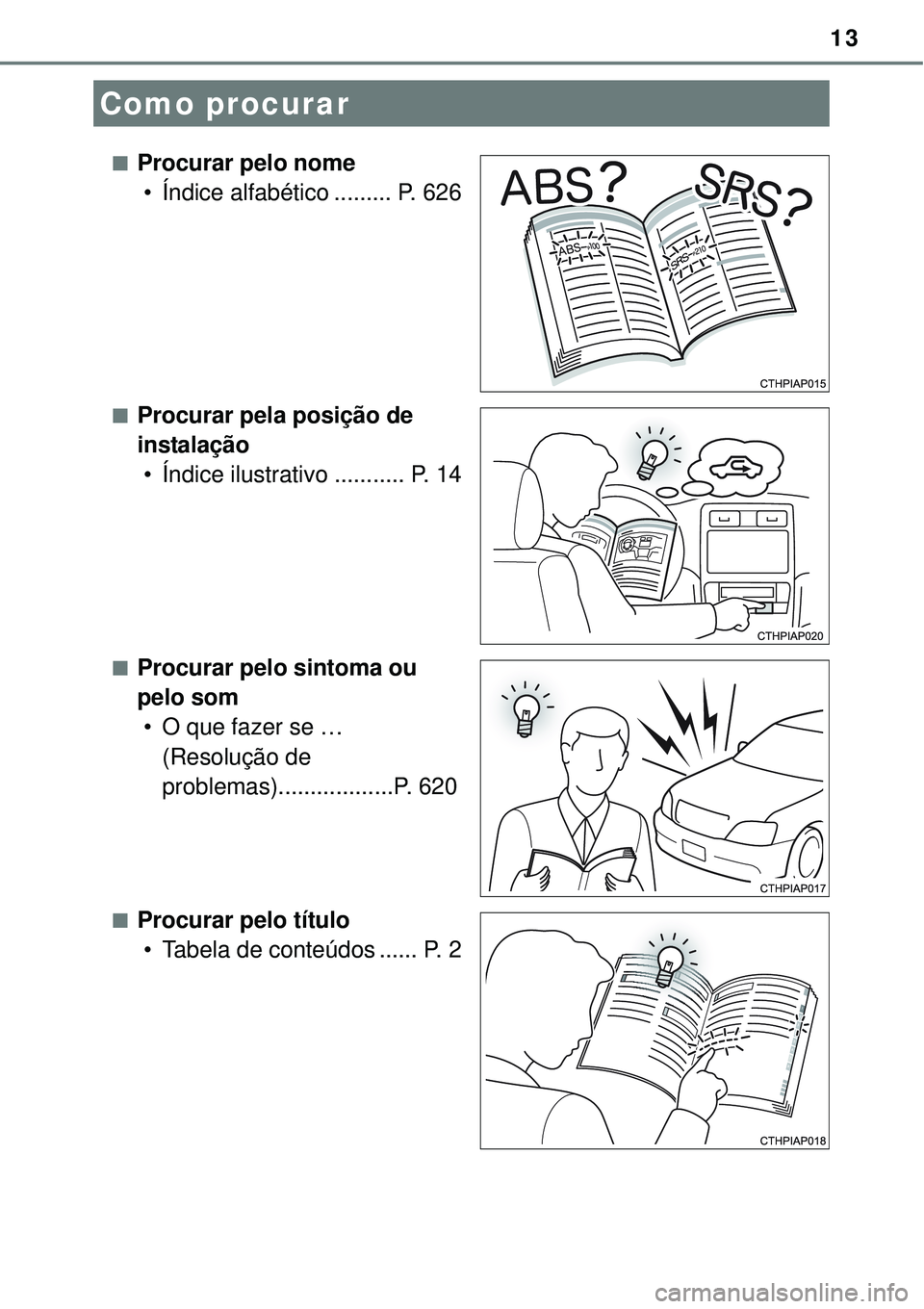 TOYOTA COROLLA 2016 Manual de utilização (in Portuguese) 13
nProcurar pelo nome
• Índice alfabético ......... P. 626
nProcurar pela posição de
instalação
• Índice ilustrativo ........... P. 14
nProcurar pelo sintoma ou
pelo som
• O que fazer TOYOTA COROLLA 2016 Manual de utilização (in Portuguese) 13
nProcurar pelo nome
• Índice alfabético ......... P. 626
nProcurar pela posição de
instalação
• Índice ilustrativo ........... P. 14
nProcurar pelo sintoma ou
pelo som
• O que fazer