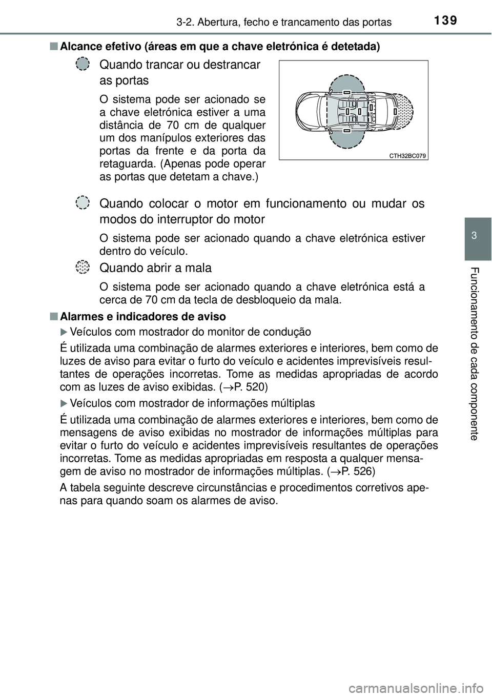 TOYOTA COROLLA 2017  Manual de utilização (in Portuguese) 1393-2. Abertura, fecho e trancamento das portas
3
Funcionamento de cada componente
nAlcance efetivo (áreas em que a chave eletrónica é detetada)
nAlarmes e indicadores de aviso
Veículos com mo