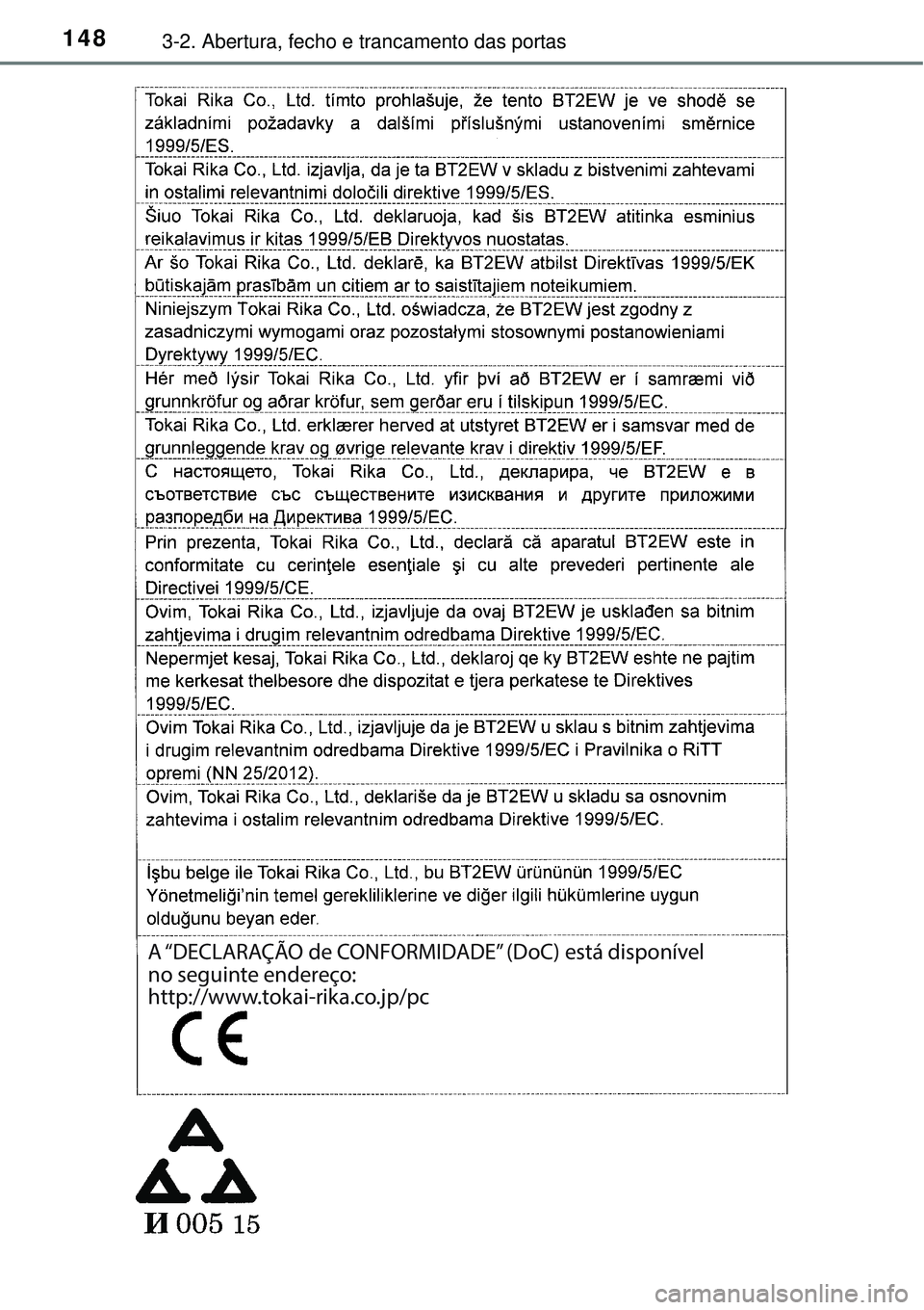 TOYOTA COROLLA 2017  Manual de utilização (in Portuguese) 1483-2. Abertura, fecho e trancamento das portas
A “DECLARAÇÃO de CONFORMIDADE” (DoC) está disponível 
no seguinte endereço:
http://www.tokai-rika.co.jp/pc 