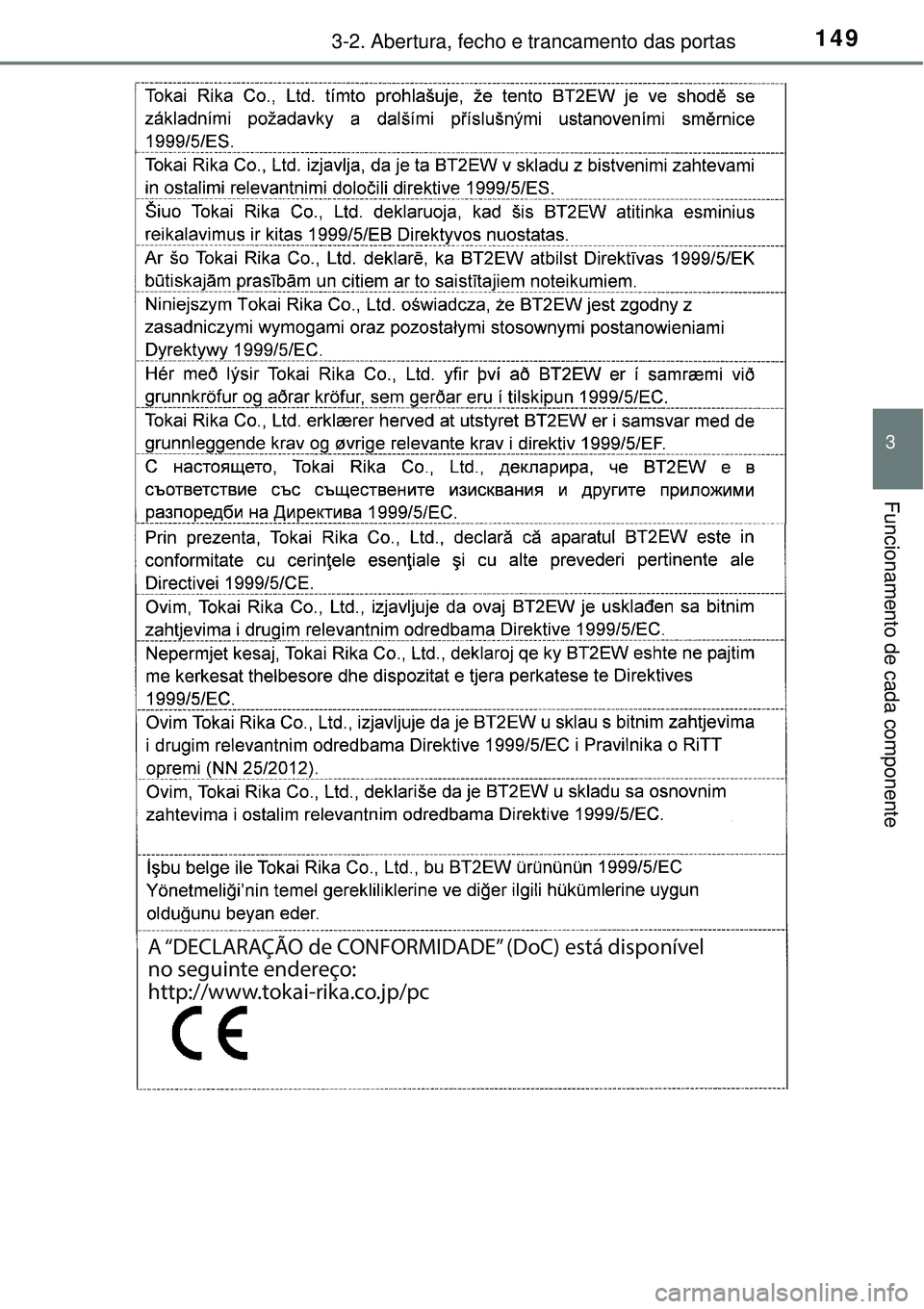 TOYOTA COROLLA 2017  Manual de utilização (in Portuguese) 1493-2. Abertura, fecho e trancamento das portas
3
Funcionamento de cada componente
A “DECLARAÇÃO de CONFORMIDADE” (DoC) está disponível 
no seguinte endereço:
http://www.tokai-rika.co.jp/pc 