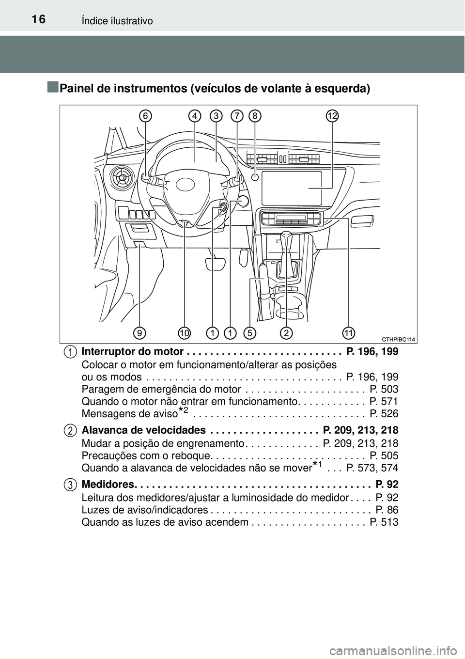 TOYOTA COROLLA 2016 Manual de utilização (in Portuguese) 16Índice ilustrativo
nPainel de instrumentos (veículos de volante à esquerda)
Interruptor do motor . . . . . . . . . . . . . . . . . . . . . . . . . . . P. 196, 199
Colocar o motor em funcionament TOYOTA COROLLA 2016 Manual de utilização (in Portuguese) 16Índice ilustrativo
nPainel de instrumentos (veículos de volante à esquerda)
Interruptor do motor . . . . . . . . . . . . . . . . . . . . . . . . . . . P. 196, 199
Colocar o motor em funcionament