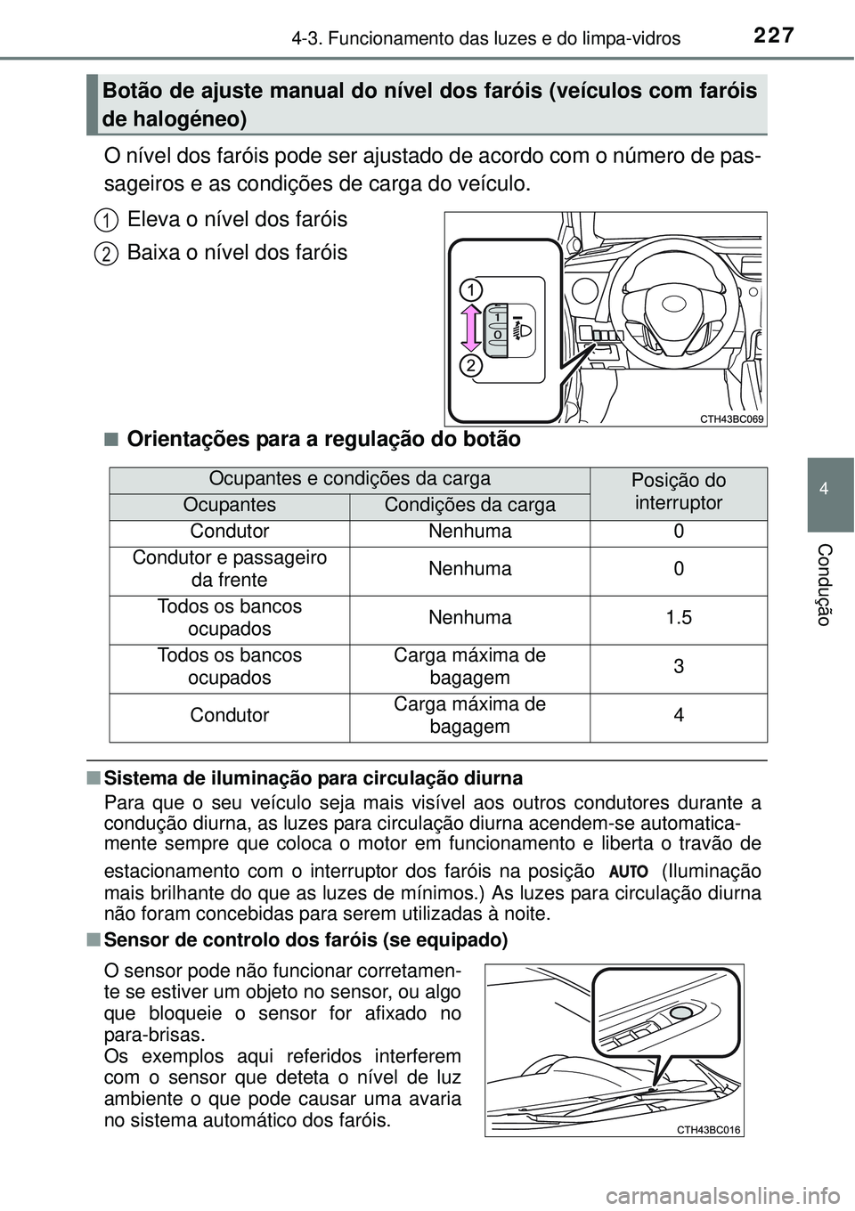 TOYOTA COROLLA 2016 Manual de utilização (in Portuguese) 2274-3. Funcionamento das luzes e do limpa-vidros
4
Condução
O nível dos faróis pode ser ajustado de acordo com o número de pas-
sageiros e as condições de carga do veículo.
Eleva o nível dos TOYOTA COROLLA 2016 Manual de utilização (in Portuguese) 2274-3. Funcionamento das luzes e do limpa-vidros
4
Condução
O nível dos faróis pode ser ajustado de acordo com o número de pas-
sageiros e as condições de carga do veículo.
Eleva o nível dos