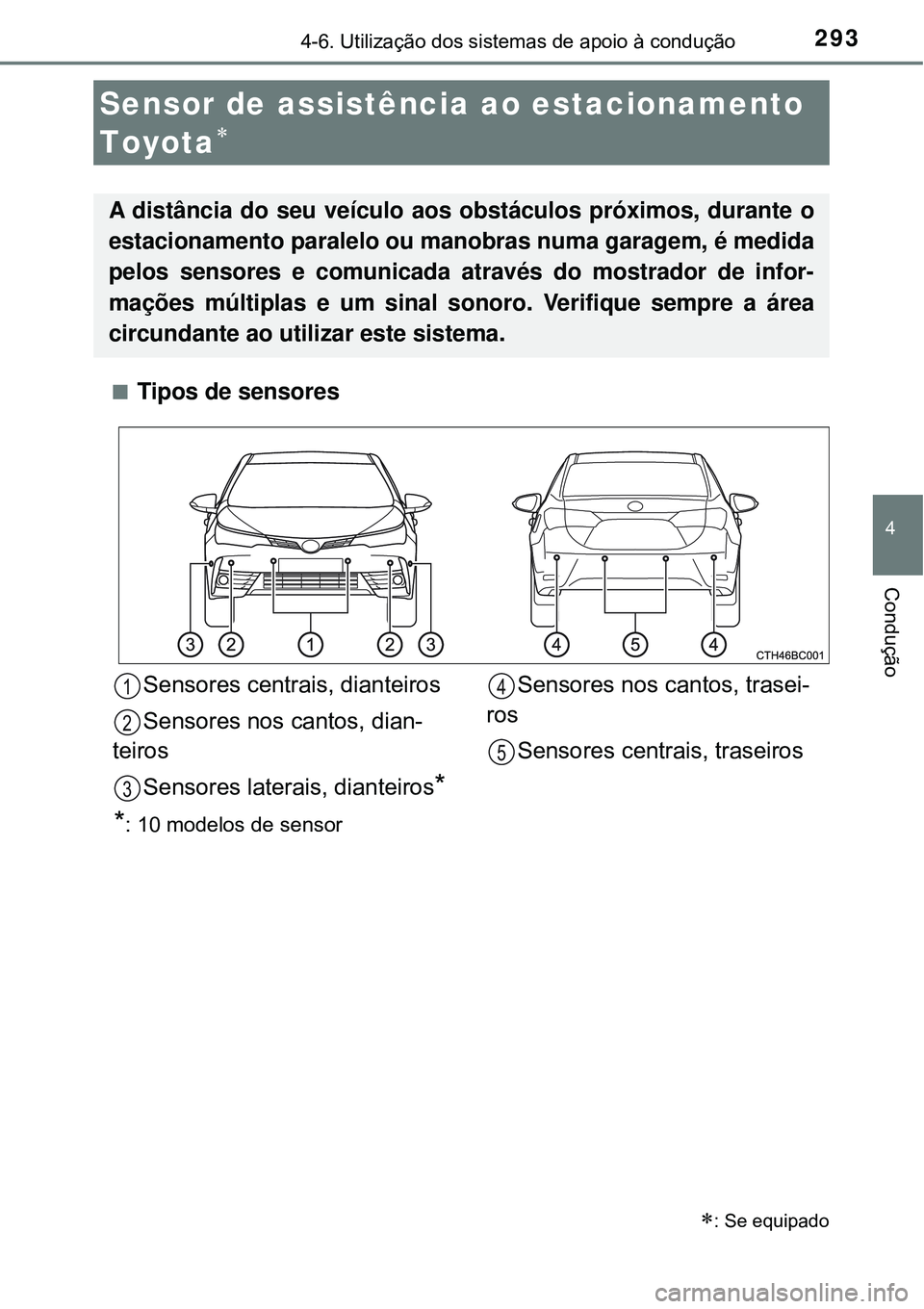 TOYOTA COROLLA 2016 Manual de utilização (in Portuguese) 2934-6. Utilização dos sistemas de apoio à condução
4
Condução
nTipos de sensores
Sensor de assistência ao estacionamento
Toyota
: Se equipado
A distância do seu veículo aos obstácu TOYOTA COROLLA 2016 Manual de utilização (in Portuguese) 2934-6. Utilização dos sistemas de apoio à condução
4
Condução
nTipos de sensores
Sensor de assistência ao estacionamento
Toyota
: Se equipado
A distância do seu veículo aos obstácu