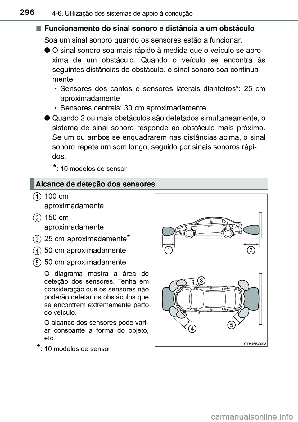 TOYOTA COROLLA 2016 Manual de utilização (in Portuguese) 2964-6. Utilização dos sistemas de apoio à condução
nFuncionamento do sinal sonoro e distância a um obstáculo
Soa um sinal sonoro quando os sensores estão a funcionar.
lO sinal sonoro soa ma TOYOTA COROLLA 2016 Manual de utilização (in Portuguese) 2964-6. Utilização dos sistemas de apoio à condução
nFuncionamento do sinal sonoro e distância a um obstáculo
Soa um sinal sonoro quando os sensores estão a funcionar.
lO sinal sonoro soa ma