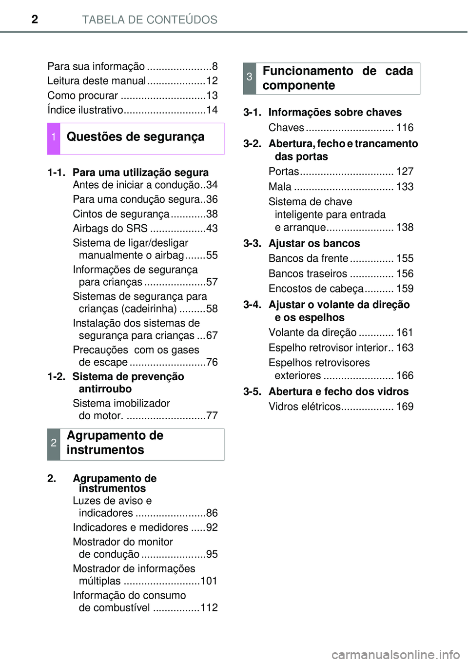 TOYOTA COROLLA 2016  Manual de utilização (in Portuguese) TABELA DE CONTEÚDOS2
Para sua informação ......................8
Leitura deste manual ....................12
Como procurar .............................13
Índice ilustrativo.......................
