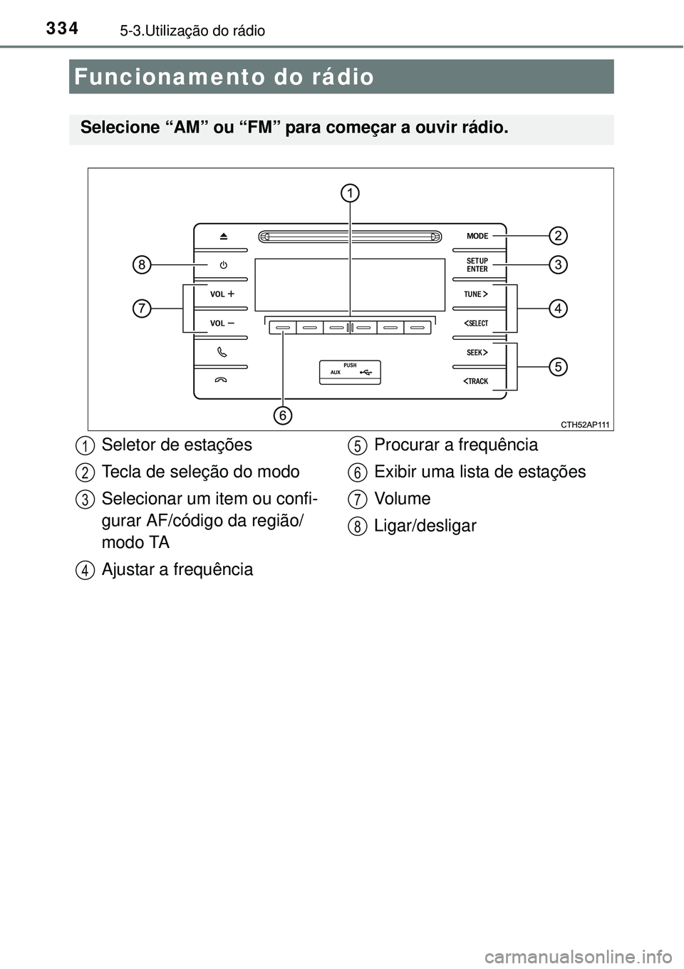 TOYOTA COROLLA 2017 Manual de utilização (in Portuguese) 3345-3.Utilização do rádio
Funcionamento do rádio
Selecione “AM” ou “FM” para começar a ouvir rádio.
Seletor de estações
Tecla de seleção do modo
Selecionar um item ou confi-
gurar A TOYOTA COROLLA 2017 Manual de utilização (in Portuguese) 3345-3.Utilização do rádio
Funcionamento do rádio
Selecione “AM” ou “FM” para começar a ouvir rádio.
Seletor de estações
Tecla de seleção do modo
Selecionar um item ou confi-
gurar A