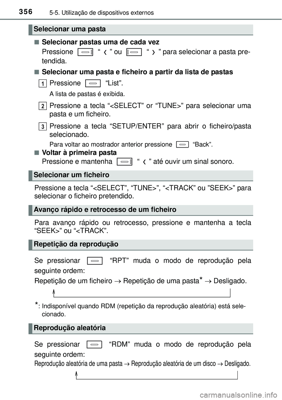 TOYOTA COROLLA 2017 Manual de utilização (in Portuguese) 3565-5. Utilização de dispositivos externos
nSelecionar pastas uma de cada vez
Pressione “ ” ou “ ” para selecionar a pasta pre-
tendida.
nSelecionar uma pasta e ficheiro a partir da lis TOYOTA COROLLA 2017 Manual de utilização (in Portuguese) 3565-5. Utilização de dispositivos externos
nSelecionar pastas uma de cada vez
Pressione “ ” ou “ ” para selecionar a pasta pre-
tendida.
nSelecionar uma pasta e ficheiro a partir da lis