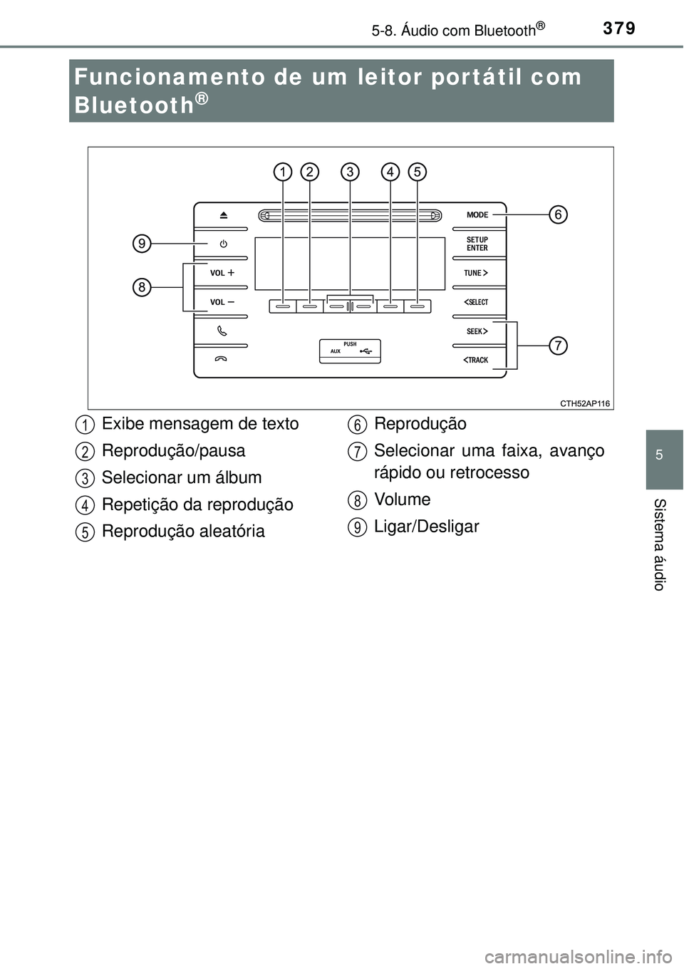 TOYOTA COROLLA 2017  Manual de utilização (in Portuguese) 379
5
Sistema áudio
5-8. Áudio com Bluetooth®
Funcionamento de um leitor portátil com 
Bluetooth
® 
Exibe mensagem de texto
Reprodução/pausa
Selecionar um álbum
Repetição da reprodução
Rep
