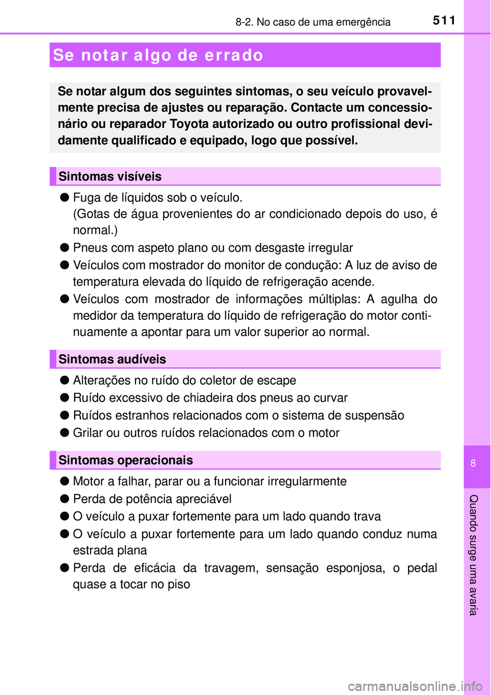 TOYOTA COROLLA 2017 Manual de utilização (in Portuguese) 5118-2. No caso de uma emergência
8
Quando surge uma avaria
lFuga de líquidos sob o veículo.
(Gotas de água provenientes do ar condicionado depois do uso, é
normal.)
lPneus com aspeto plano ou co TOYOTA COROLLA 2017 Manual de utilização (in Portuguese) 5118-2. No caso de uma emergência
8
Quando surge uma avaria
lFuga de líquidos sob o veículo.
(Gotas de água provenientes do ar condicionado depois do uso, é
normal.)
lPneus com aspeto plano ou co