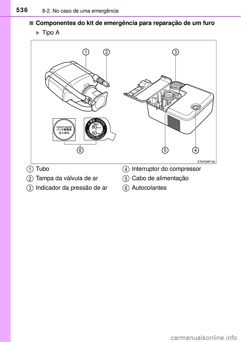 TOYOTA COROLLA 2017  Manual de utilização (in Portuguese) 5368-2. No caso de uma emergência
nComponentes do kit de emergência para reparação de um furo
Tipo A
Tubo
Tampa da válvula de ar
Indicador da pressão de arInterruptor do compressor
Cabo de al