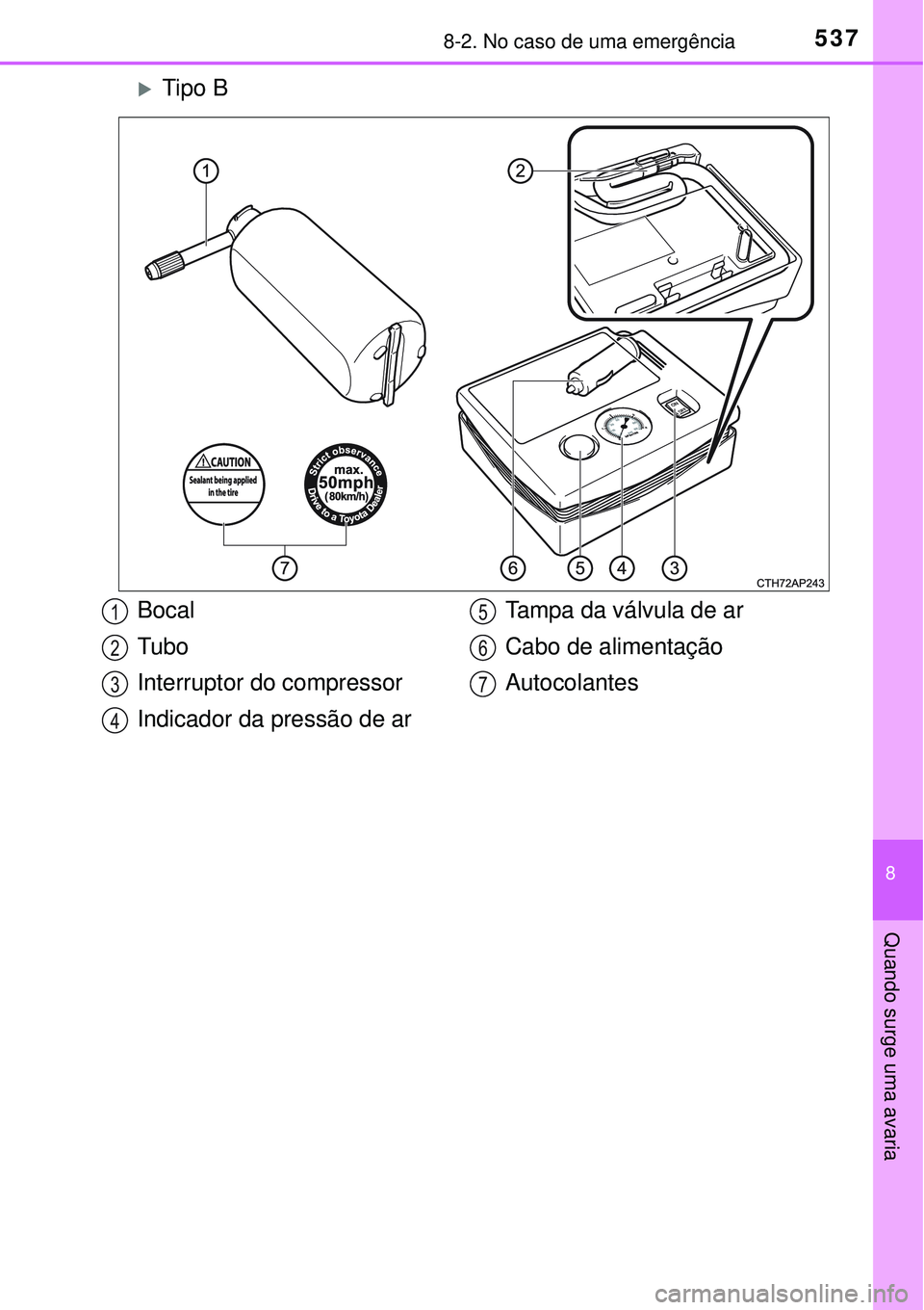 TOYOTA COROLLA 2017  Manual de utilização (in Portuguese) 5378-2. No caso de uma emergência
8
Quando surge uma avaria
Tipo B
   
Bocal
Tubo
Interruptor do compressor
Indicador da pressão de arTampa da válvula de ar
Cabo de alimentação
Autocolantes1
2