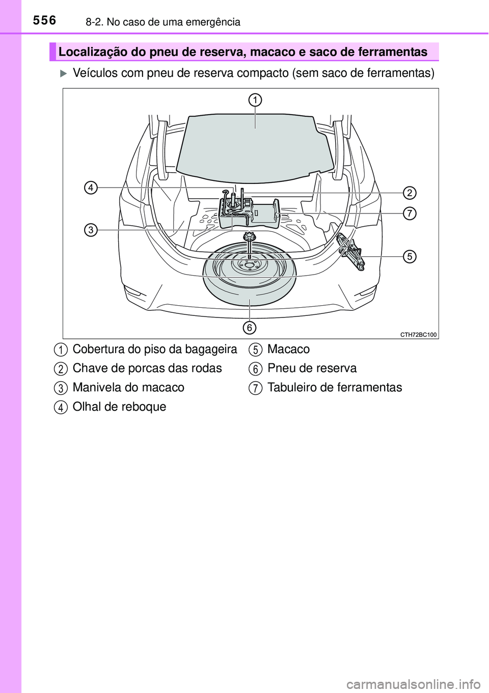 TOYOTA COROLLA 2017 Manual de utilização (in Portuguese) 5568-2. No caso de uma emergência
Veículos com pneu de reserva compacto (sem saco de ferramentas)
Localização do pneu de reserva, macaco e saco de ferramentas
Cobertura do piso da bagageira
Cha TOYOTA COROLLA 2017 Manual de utilização (in Portuguese) 5568-2. No caso de uma emergência
Veículos com pneu de reserva compacto (sem saco de ferramentas)
Localização do pneu de reserva, macaco e saco de ferramentas
Cobertura do piso da bagageira
Cha