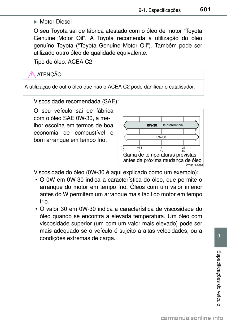 TOYOTA COROLLA 2016 Manual de utilização (in Portuguese) 6019-1. Especificações
9
Especificações do veículo
Motor Diesel
O seu Toyota sai de fábrica atestado com o óleo de motor “Toyota
Genuine Motor Oil”. A Toyota recomenda a utilização do TOYOTA COROLLA 2016 Manual de utilização (in Portuguese) 6019-1. Especificações
9
Especificações do veículo
Motor Diesel
O seu Toyota sai de fábrica atestado com o óleo de motor “Toyota
Genuine Motor Oil”. A Toyota recomenda a utilização do