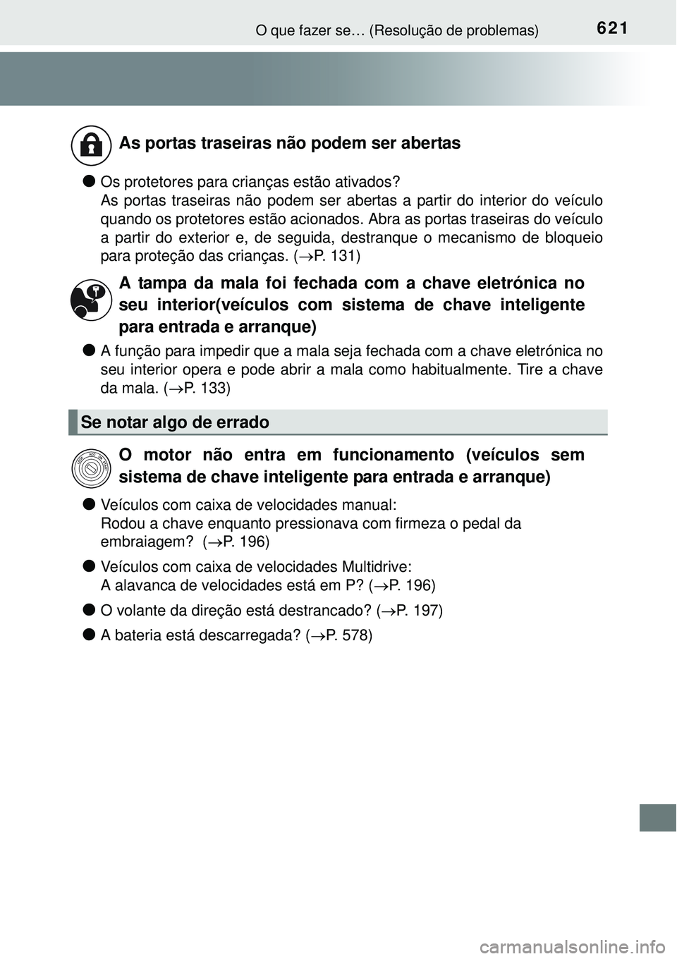 TOYOTA COROLLA 2016 Manual de utilização (in Portuguese) 621O que fazer se… (Resolução de problemas)
lOs protetores para crianças estão ativados?
As portas traseiras não podem ser abertas a partir do interior do veículo
quando os protetores estão a TOYOTA COROLLA 2016 Manual de utilização (in Portuguese) 621O que fazer se… (Resolução de problemas)
lOs protetores para crianças estão ativados?
As portas traseiras não podem ser abertas a partir do interior do veículo
quando os protetores estão a