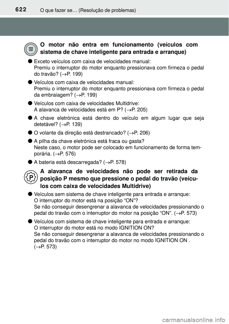 TOYOTA COROLLA 2016 Manual de utilização (in Portuguese) 622O que fazer se… (Resolução de problemas)
lExceto veículos com caixa de velocidades manual:
Premiu o interruptor do motor enquanto pressionava com firmeza o pedal
do travão? (P. 199)
lVe TOYOTA COROLLA 2016 Manual de utilização (in Portuguese) 622O que fazer se… (Resolução de problemas)
lExceto veículos com caixa de velocidades manual:
Premiu o interruptor do motor enquanto pressionava com firmeza o pedal
do travão? (P. 199)
lVe