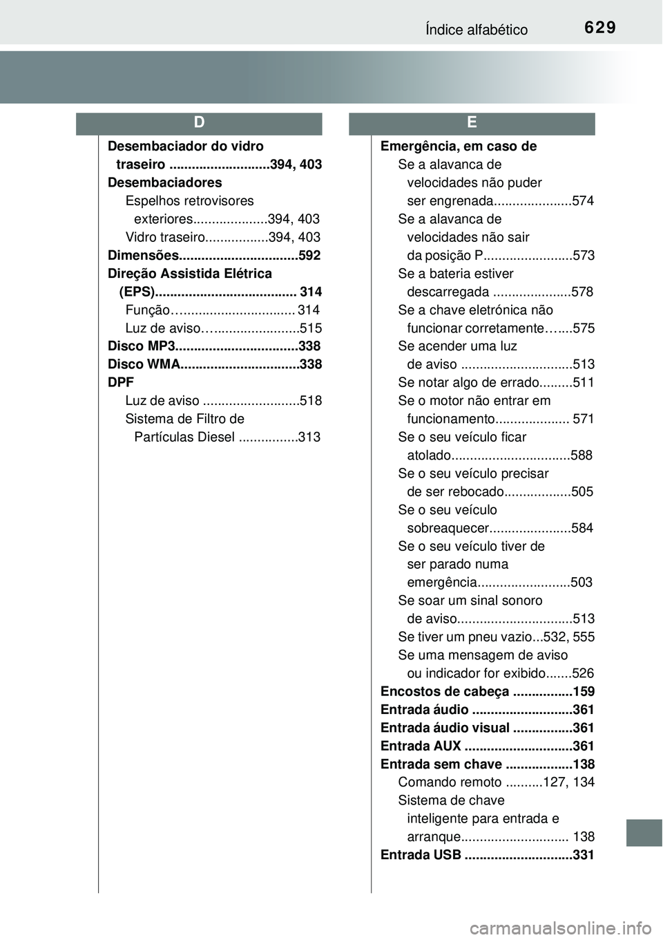 TOYOTA COROLLA 2017 Manual de utilização (in Portuguese) 629Índice alfabético
Desembaciador do vidro
traseiro ...........................394, 403
Desembaciadores
Espelhos retrovisores
exteriores....................394, 403
Vidro traseiro............... TOYOTA COROLLA 2017 Manual de utilização (in Portuguese) 629Índice alfabético
Desembaciador do vidro
traseiro ...........................394, 403
Desembaciadores
Espelhos retrovisores
exteriores....................394, 403
Vidro traseiro...............