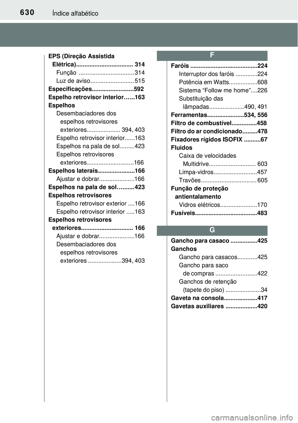 TOYOTA COROLLA 2017 Manual de utilização (in Portuguese) 630Índice alfabético
EPS (Direção Assistida
Elétrica).................................. 314
Função ................................. 314
Luz de aviso .......................... 515
Especifica TOYOTA COROLLA 2017 Manual de utilização (in Portuguese) 630Índice alfabético
EPS (Direção Assistida
Elétrica).................................. 314
Função ................................. 314
Luz de aviso .......................... 515
Especifica