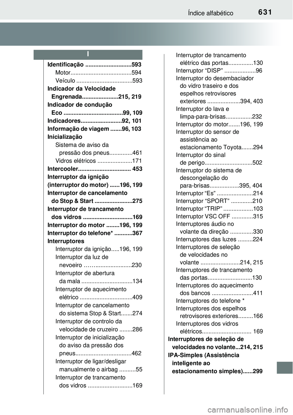 TOYOTA COROLLA 2017 Manual de utilização (in Portuguese) 631Índice alfabético
Identificação ............................593
Motor.....................................594
Veículo ..................................593
Indicador da Velocidade
Engrenada.. TOYOTA COROLLA 2017 Manual de utilização (in Portuguese) 631Índice alfabético
Identificação ............................593
Motor.....................................594
Veículo ..................................593
Indicador da Velocidade
Engrenada..