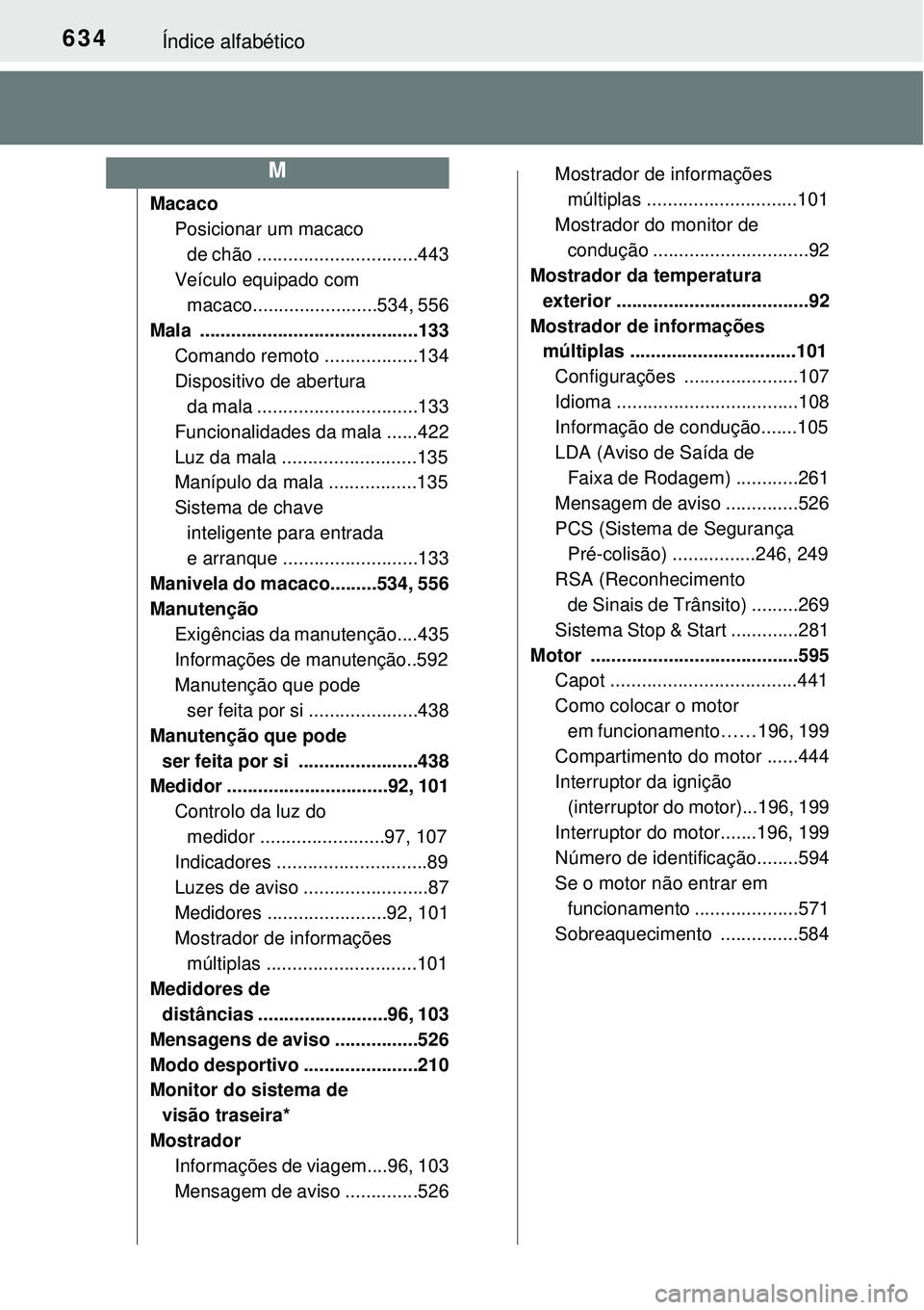 TOYOTA COROLLA 2017 Manual de utilização (in Portuguese) 634Índice alfabético
Macaco
Posicionar um macaco
de chão ...............................443
Veículo equipado com
macaco........................534, 556
Mala .................................... TOYOTA COROLLA 2017 Manual de utilização (in Portuguese) 634Índice alfabético
Macaco
Posicionar um macaco
de chão ...............................443
Veículo equipado com
macaco........................534, 556
Mala ....................................