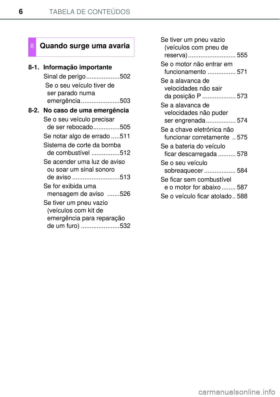 TOYOTA COROLLA 2016  Manual de utilização (in Portuguese) TABELA DE CONTEÚDOS6
8-1. Informação importante
Sinal de perigo ...................502
 Se o seu veículo tiver de 
ser parado numa 
emergência ......................503
8-2.  No caso de uma emerg