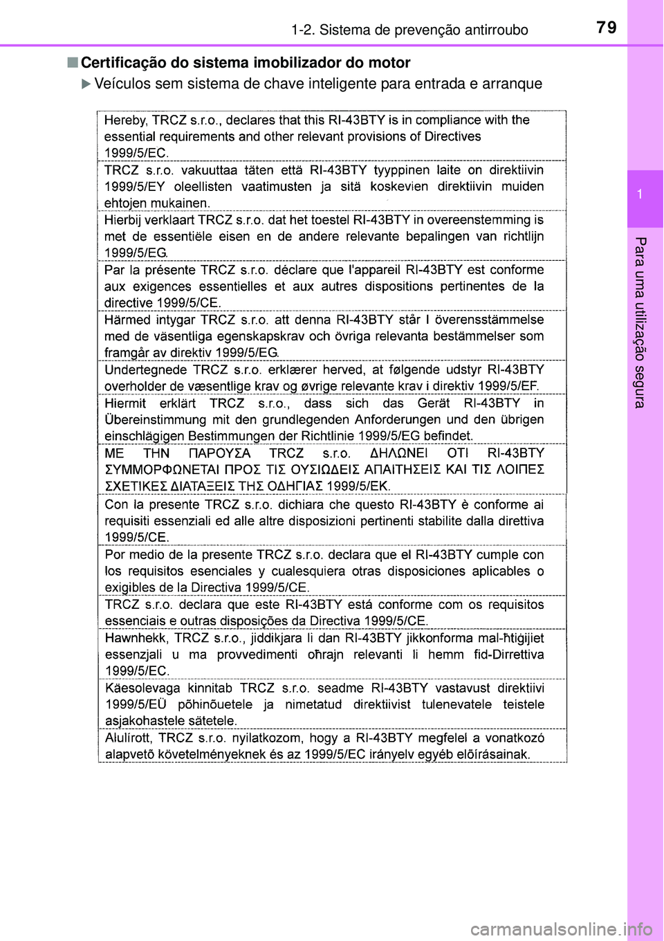 TOYOTA COROLLA 2017  Manual de utilização (in Portuguese) 791-2. Sistema de prevenção antirroubo
1
Para uma utilização segura
nCertificação do sistema imobilizador do motor 
Veículos sem sistema de chave inteligente para entrada e arranque 