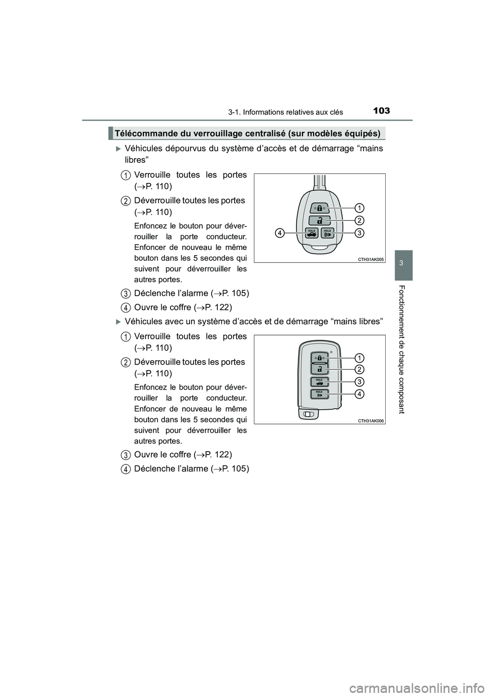 TOYOTA COROLLA 2016  Manuel du propriétaire (in French) 1033-1. Informations relatives aux clés
3
Fonctionnement de chaque composant
COROLLA_TMMMS_TMMC_D (OM12J84D)
�XVéhicules dépourvus du système d’accès et de démarrage “mains
libres”Verrouil