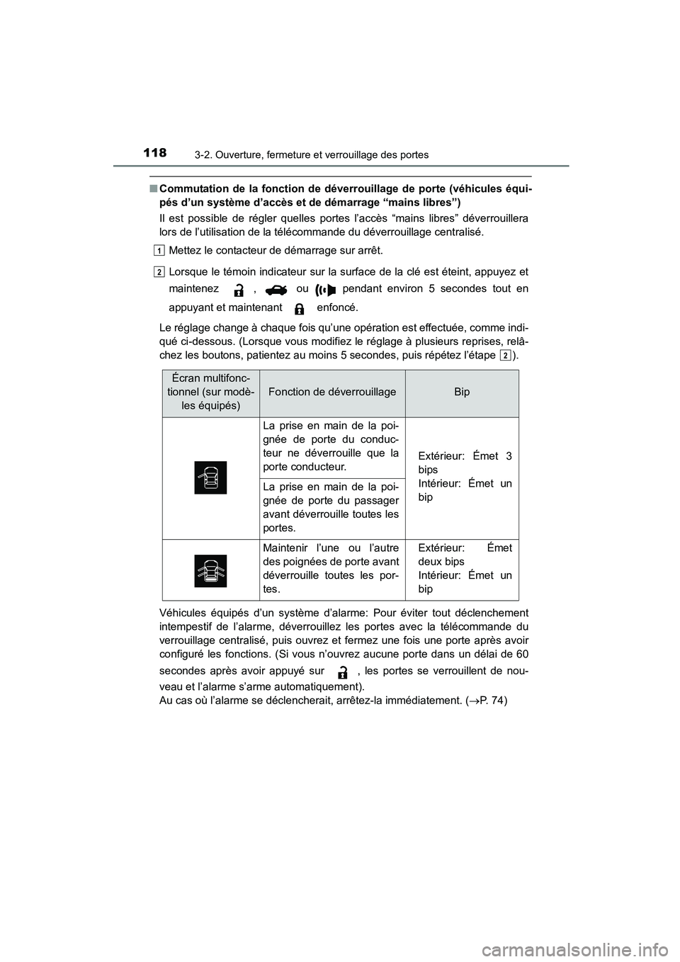 TOYOTA COROLLA 2016  Manuel du propriétaire (in French) 1183-2. Ouverture, fermeture et verrouillage des portes
COROLLA_TMMMS_TMMC_D (OM12J84D)
■Commutation de la fonction de déverrouillage de porte (véhicules équi-
pés d’un système d’accès et 