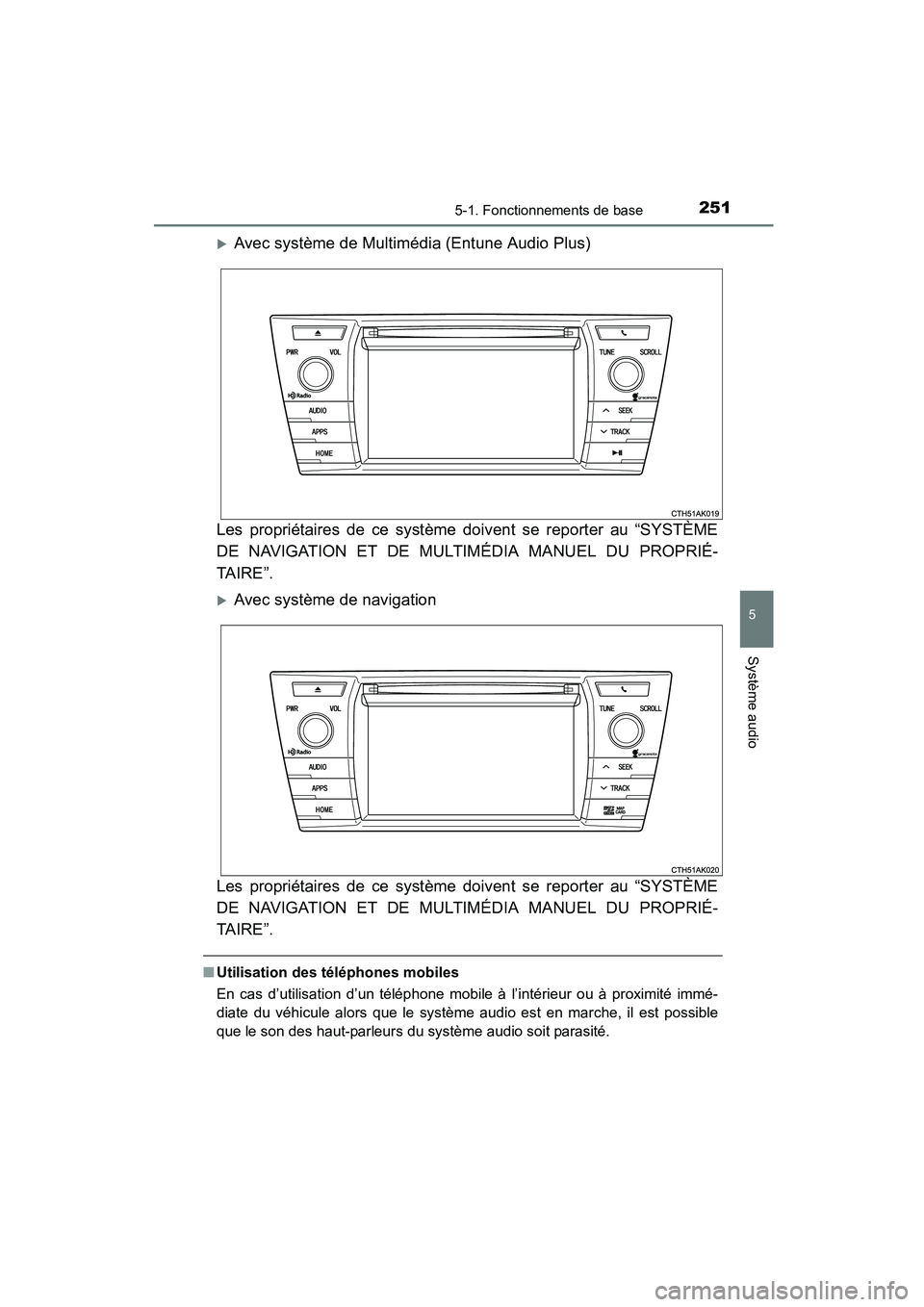 TOYOTA COROLLA 2016  Manuel du propriétaire (in French) 2515-1. Fonctionnements de base
5
Système audio
COROLLA_TMMMS_TMMC_D (OM12J84D)
�XAvec système de Multimédia (Entune Audio Plus)
Les propriétaires de ce système doivent se reporter au “SYSTÈME