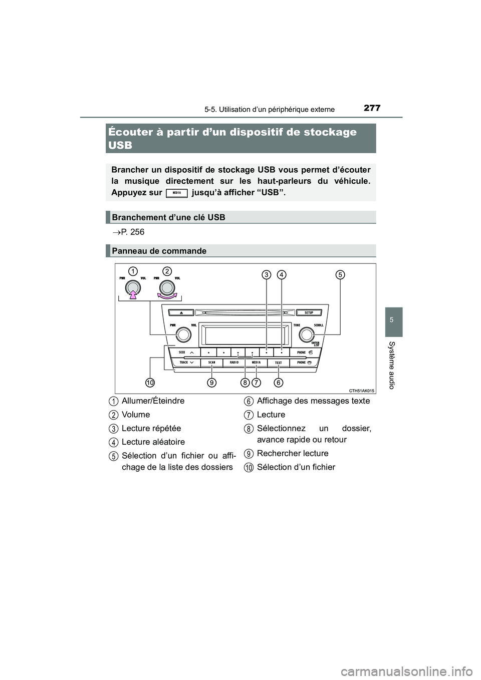 TOYOTA COROLLA 2016 Manuel du propriétaire (in French) 2775-5. Utilisation d’un périphérique externe
5
Système audio
COROLLA_TMMMS_TMMC_D (OM12J84D)
→P. 2 5 6
Écouter à partir d’un dispositif de stockage
USB
Brancher un dispositif de stockage TOYOTA COROLLA 2016 Manuel du propriétaire (in French) 2775-5. Utilisation d’un périphérique externe
5
Système audio
COROLLA_TMMMS_TMMC_D (OM12J84D)
→P. 2 5 6
Écouter à partir d’un dispositif de stockage
USB
Brancher un dispositif de stockage
