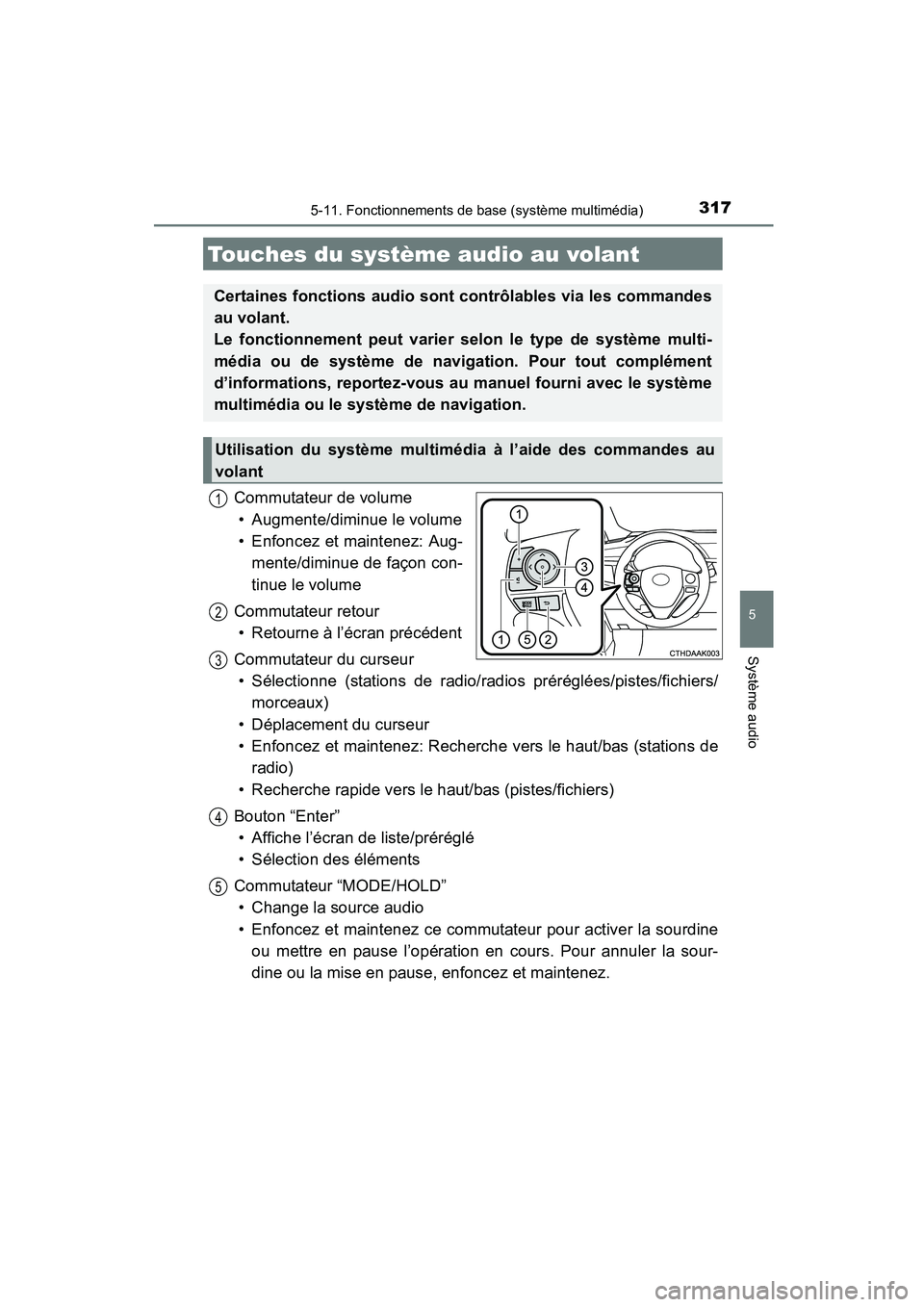 TOYOTA COROLLA 2016  Manuel du propriétaire (in French) 3175-11. Fonctionnements de base (système multimédia)
5
Système audio
COROLLA_TMMMS_TMMC_D (OM12J84D)
Commutateur de volume• Augmente/diminue le volume
• Enfoncez et maintenez: Aug- mente/dimin