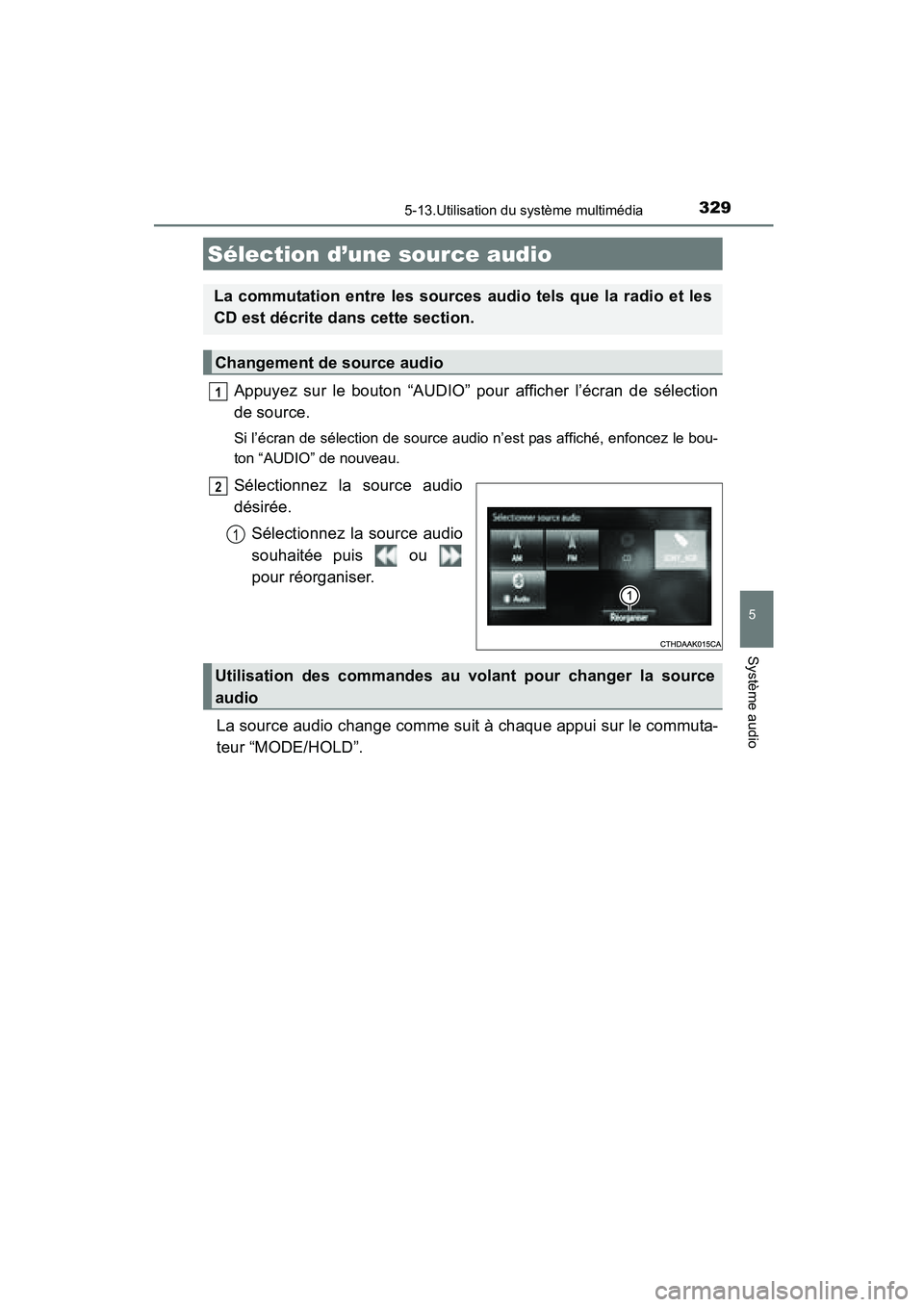 TOYOTA COROLLA 2016 Manuel du propriétaire (in French) 329
5
Système audio
COROLLA_TMMMS_TMMC_D (OM12J84D)
5-13.Utilisation du système multimédia
Appuyez sur le bouton “AUDIO” pour afficher l’écran de sélection
de source.
Si l’écran de séle TOYOTA COROLLA 2016 Manuel du propriétaire (in French) 329
5
Système audio
COROLLA_TMMMS_TMMC_D (OM12J84D)
5-13.Utilisation du système multimédia
Appuyez sur le bouton “AUDIO” pour afficher l’écran de sélection
de source.
Si l’écran de séle