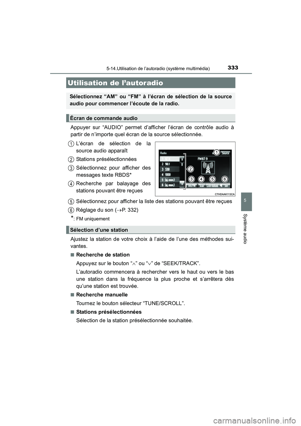 TOYOTA COROLLA 2016 Manuel du propriétaire (in French) 333
5
Système audio
COROLLA_TMMMS_TMMC_D (OM12J84D)
5-14.Utilisation de l’autoradio (système multimédia)
Appuyer sur “AUDIO” permet d’afficher l’écran de contrôle audio à
partir de n TOYOTA COROLLA 2016 Manuel du propriétaire (in French) 333
5
Système audio
COROLLA_TMMMS_TMMC_D (OM12J84D)
5-14.Utilisation de l’autoradio (système multimédia)
Appuyer sur “AUDIO” permet d’afficher l’écran de contrôle audio à
partir de n