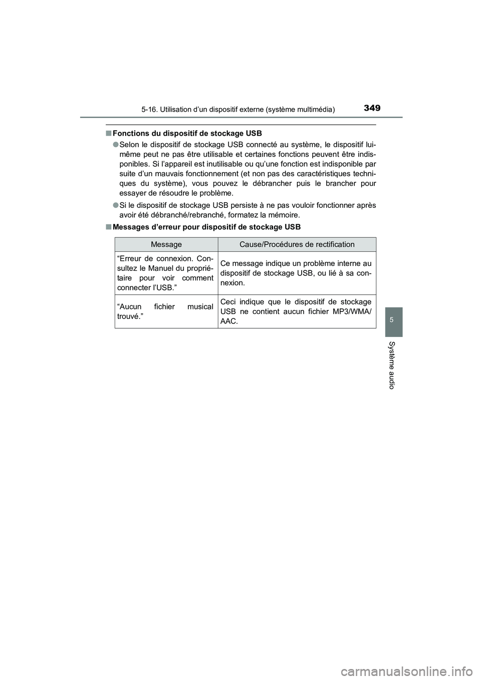 TOYOTA COROLLA 2016 Manuel du propriétaire (in French) 3495-16. Utilisation d’un dispositif externe (système multimédia)
5
Système audio
COROLLA_TMMMS_TMMC_D (OM12J84D)
■Fonctions du dispositif de stockage USB
●Selon le dispositif de stockage USB TOYOTA COROLLA 2016 Manuel du propriétaire (in French) 3495-16. Utilisation d’un dispositif externe (système multimédia)
5
Système audio
COROLLA_TMMMS_TMMC_D (OM12J84D)
■Fonctions du dispositif de stockage USB
●Selon le dispositif de stockage USB