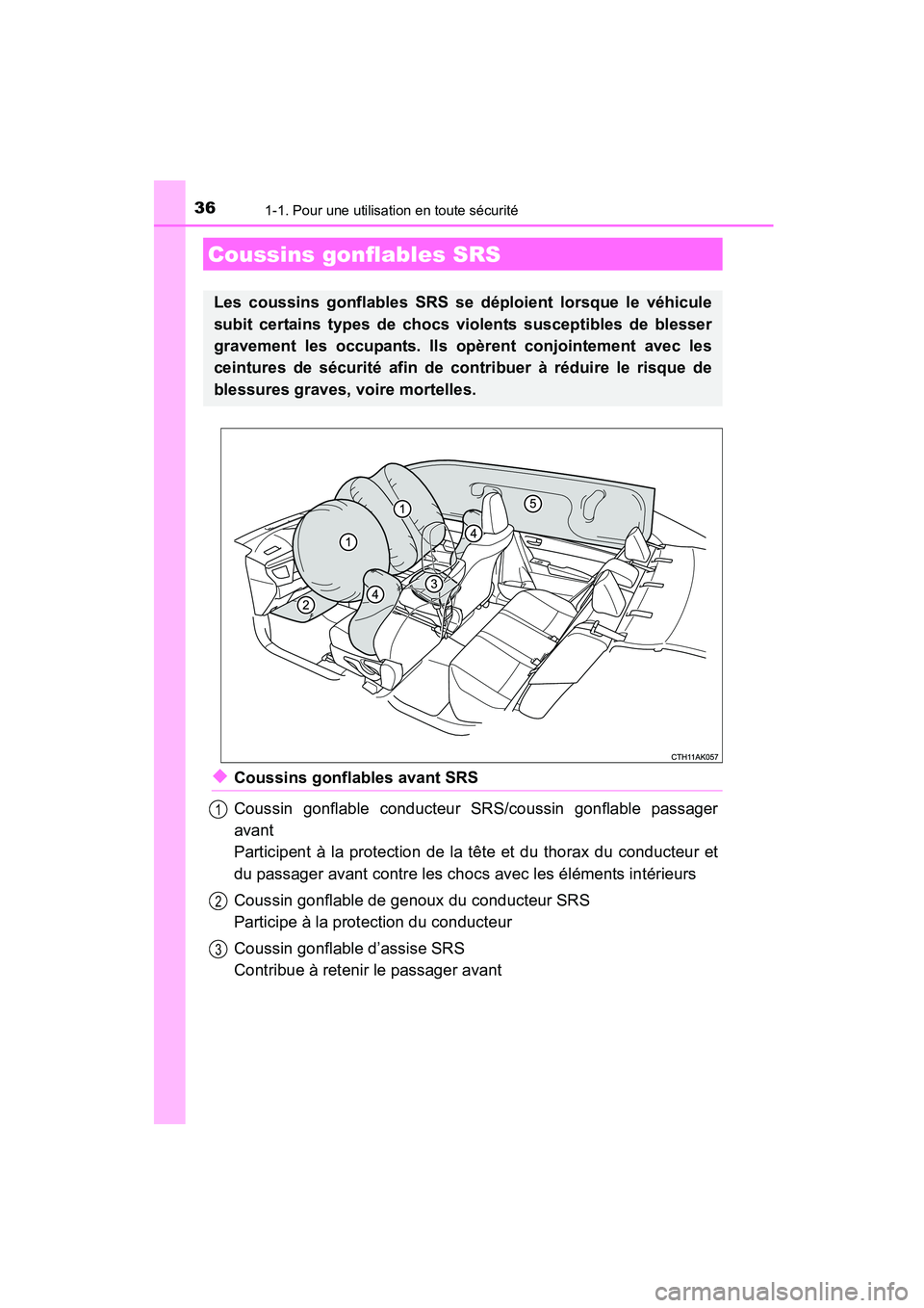 TOYOTA COROLLA 2016 Manuel du propriétaire (in French) 361-1. Pour une utilisation en toute sécurité
COROLLA_TMMMS_TMMC_D (OM12J84D)
◆Coussins gonflables avant SRS
Coussin gonflable conducteur SRS/coussin gonflable passager
avant
Participent à la pro TOYOTA COROLLA 2016 Manuel du propriétaire (in French) 361-1. Pour une utilisation en toute sécurité
COROLLA_TMMMS_TMMC_D (OM12J84D)
◆Coussins gonflables avant SRS
Coussin gonflable conducteur SRS/coussin gonflable passager
avant
Participent à la pro