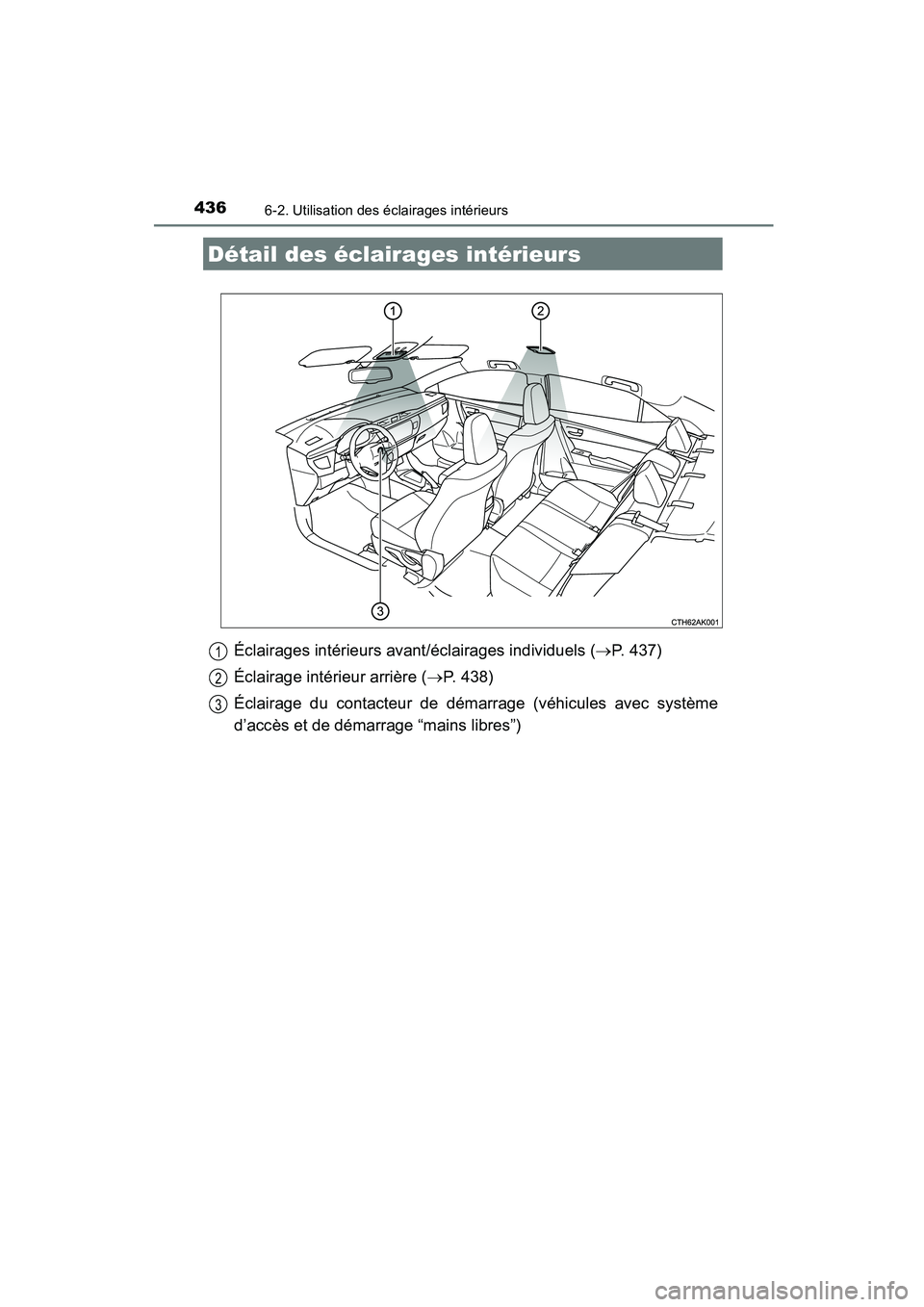 TOYOTA COROLLA 2016 Manuel du propriétaire (in French) 436
COROLLA_TMMMS_TMMC_D (OM12J84D)
6-2. Utilisation des éclairages intérieurs
Éclairages intérieurs avant/éclairages individuels (→P. 437)
Éclairage intérieur arrière ( →P. 438)
Éclairag TOYOTA COROLLA 2016 Manuel du propriétaire (in French) 436
COROLLA_TMMMS_TMMC_D (OM12J84D)
6-2. Utilisation des éclairages intérieurs
Éclairages intérieurs avant/éclairages individuels (→P. 437)
Éclairage intérieur arrière ( →P. 438)
Éclairag