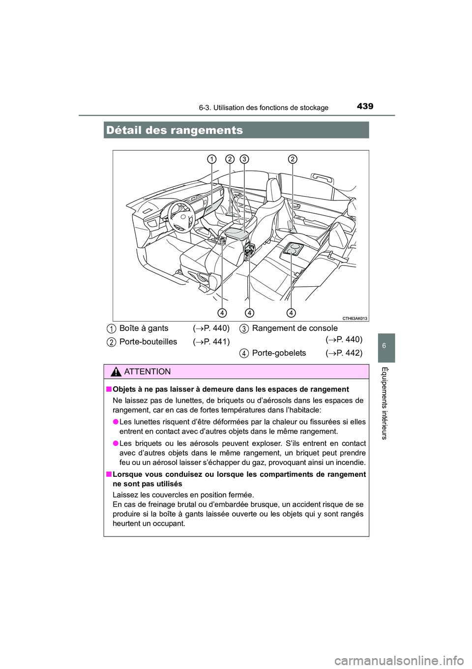 TOYOTA COROLLA 2016  Manuel du propriétaire (in French) 439
6
Équipements intérieurs
COROLLA_TMMMS_TMMC_D (OM12J84D)
6-3. Utilisation des fonctions de stockage
Détail des rangements
Boîte à gants  (→P. 440)
Porte-bouteilles ( →P. 441) Rangement de
