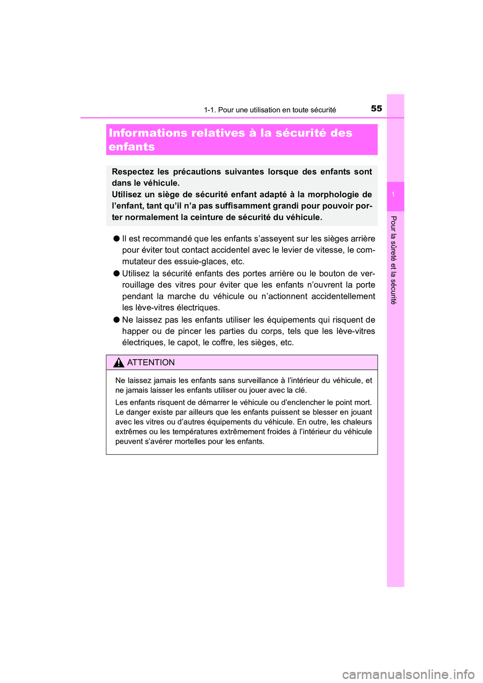 TOYOTA COROLLA 2016 Manuel du propriétaire (in French) 551-1. Pour une utilisation en toute sécurité
1
Pour la sûreté et la sécurité
COROLLA_TMMMS_TMMC_D (OM12J84D)
●Il est recommandé que les enfants s’asseyent sur les sièges arrière
pour év TOYOTA COROLLA 2016 Manuel du propriétaire (in French) 551-1. Pour une utilisation en toute sécurité
1
Pour la sûreté et la sécurité
COROLLA_TMMMS_TMMC_D (OM12J84D)
●Il est recommandé que les enfants s’asseyent sur les sièges arrière
pour év