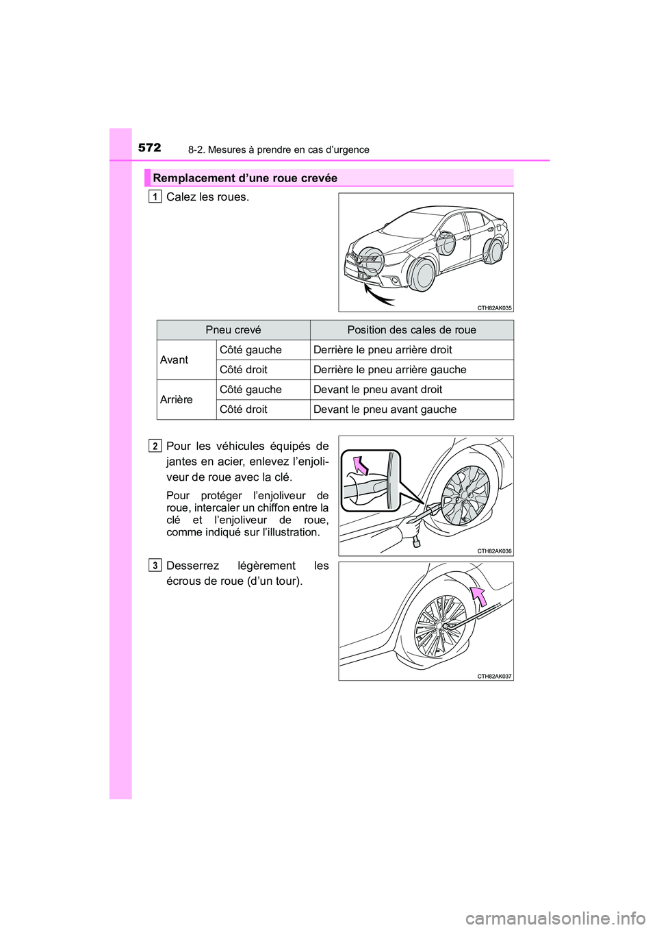 TOYOTA COROLLA 2016 Manuel du propriétaire (in French) 5728-2. Mesures à prendre en cas d’urgence
COROLLA_TMMMS_TMMC_D (OM12J84D)
Calez les roues.
Pour les véhicules équipés de
jantes en acier, enlevez l’enjoli-
veur de roue avec la clé.
Pour pro TOYOTA COROLLA 2016 Manuel du propriétaire (in French) 5728-2. Mesures à prendre en cas d’urgence
COROLLA_TMMMS_TMMC_D (OM12J84D)
Calez les roues.
Pour les véhicules équipés de
jantes en acier, enlevez l’enjoli-
veur de roue avec la clé.
Pour pro