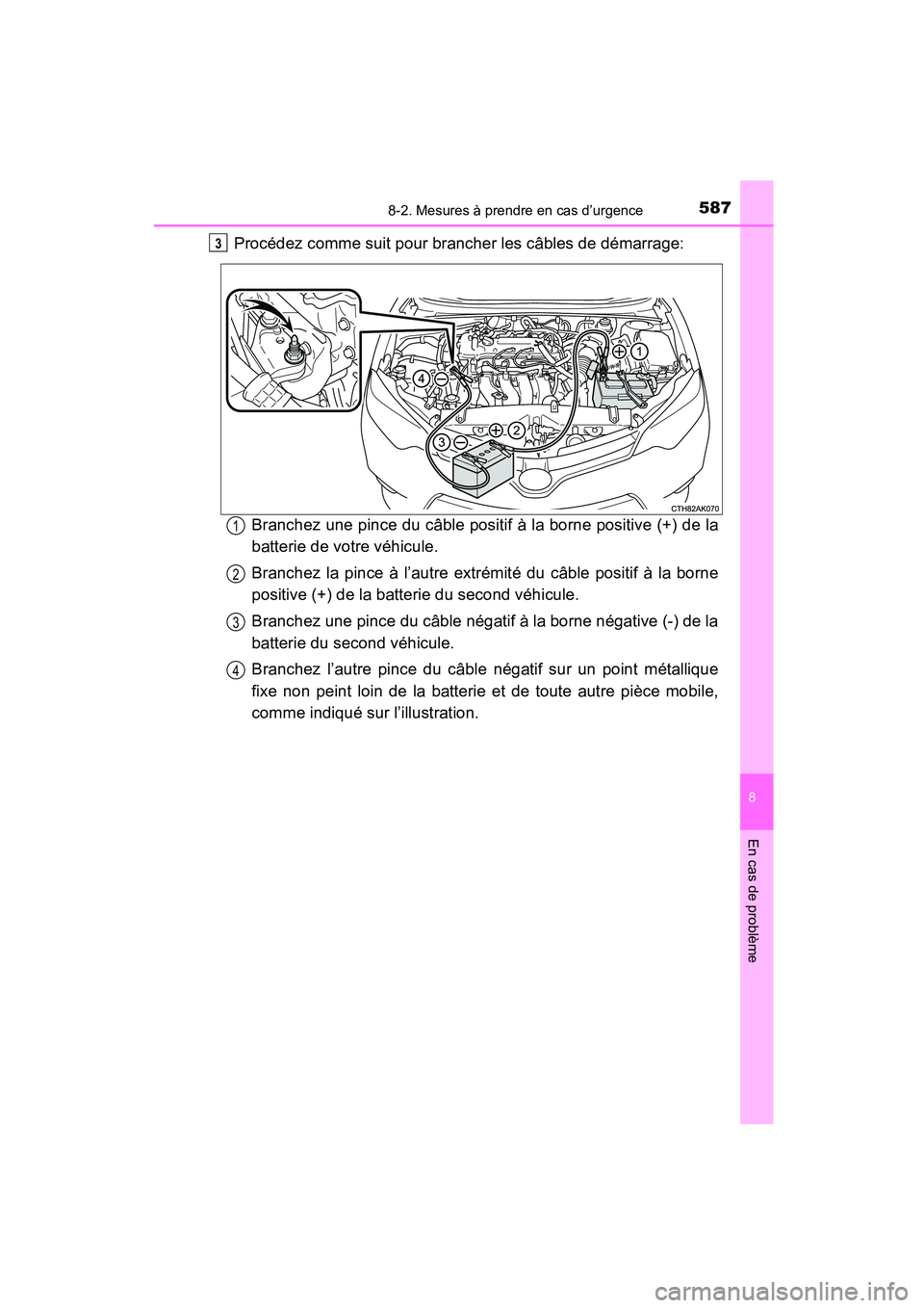 TOYOTA COROLLA 2016 Manuel du propriétaire (in French) 5878-2. Mesures à prendre en cas d’urgence
8
En cas de problème
COROLLA_TMMMS_TMMC_D (OM12J84D)
Procédez comme suit pour brancher les câbles de démarrage:Branchez une pince du câble positif à TOYOTA COROLLA 2016 Manuel du propriétaire (in French) 5878-2. Mesures à prendre en cas d’urgence
8
En cas de problème
COROLLA_TMMMS_TMMC_D (OM12J84D)
Procédez comme suit pour brancher les câbles de démarrage:Branchez une pince du câble positif à