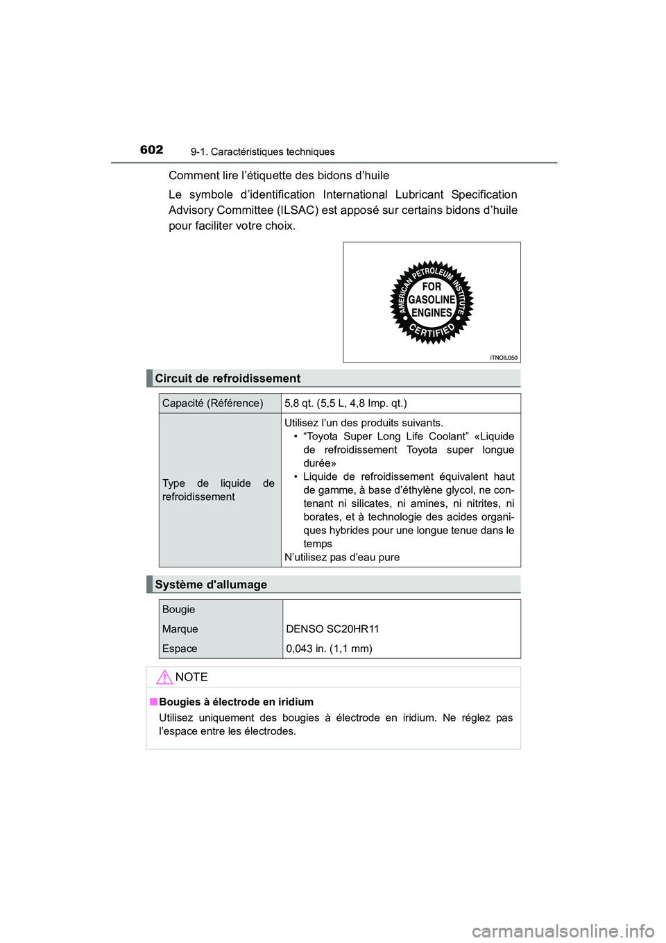 TOYOTA COROLLA 2016 Manuel du propriétaire (in French) 6029-1. Caractéristiques techniques
COROLLA_TMMMS_TMMC_D (OM12J84D)
Comment lire l’étiquette des bidons d’huile
Le symbole d’identification International Lubricant Specification
Advisory Commi TOYOTA COROLLA 2016 Manuel du propriétaire (in French) 6029-1. Caractéristiques techniques
COROLLA_TMMMS_TMMC_D (OM12J84D)
Comment lire l’étiquette des bidons d’huile
Le symbole d’identification International Lubricant Specification
Advisory Commi