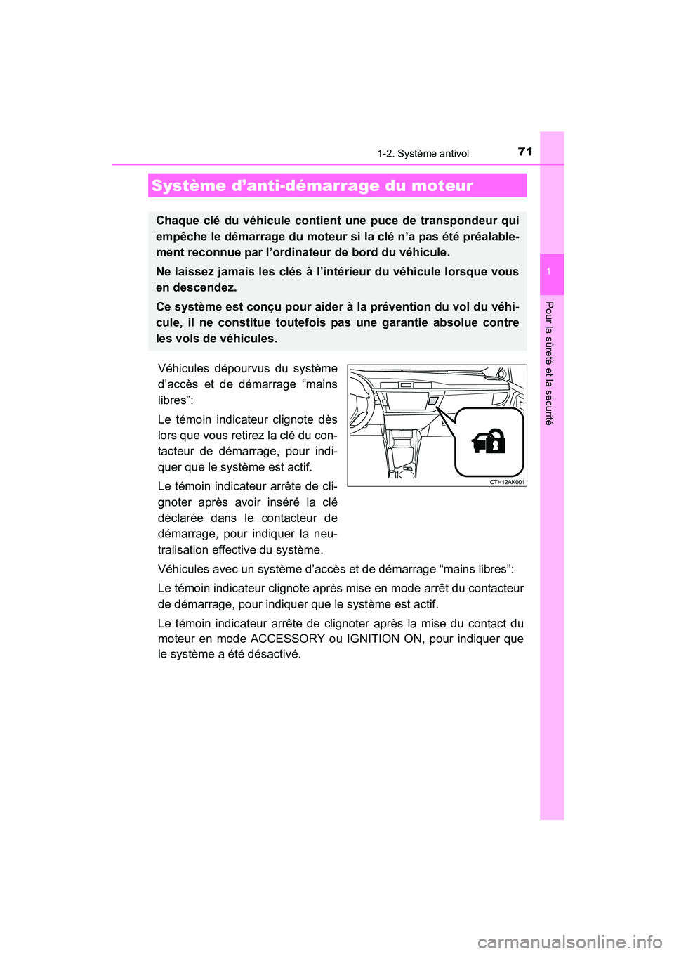 TOYOTA COROLLA 2016  Manuel du propriétaire (in French) 71
1
Pour la sûreté et la sécurité
COROLLA_TMMMS_TMMC_D (OM12J84D)
1-2. Système antivol
Véhicules dépourvus du système
d’accès et de démarrage “mains
libres”:
Le témoin indicateur cli